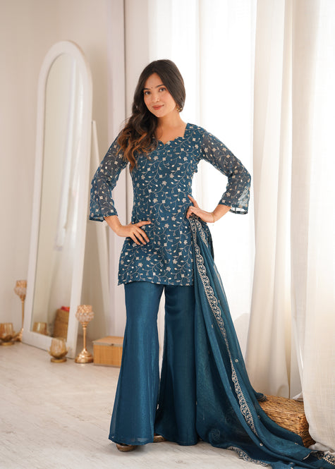 Stylish Party Wear Kurta Palazzo Set with Chiffon Dupatta.
