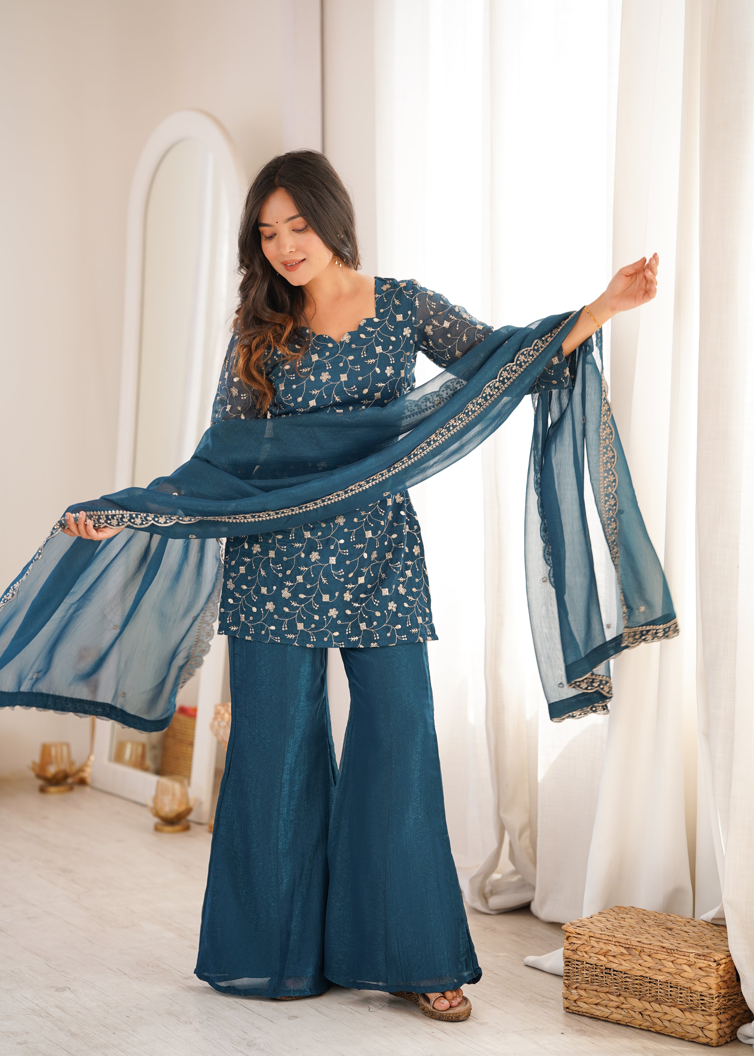 Stylish Party Wear Kurta Palazzo Set with Chiffon Dupatta.