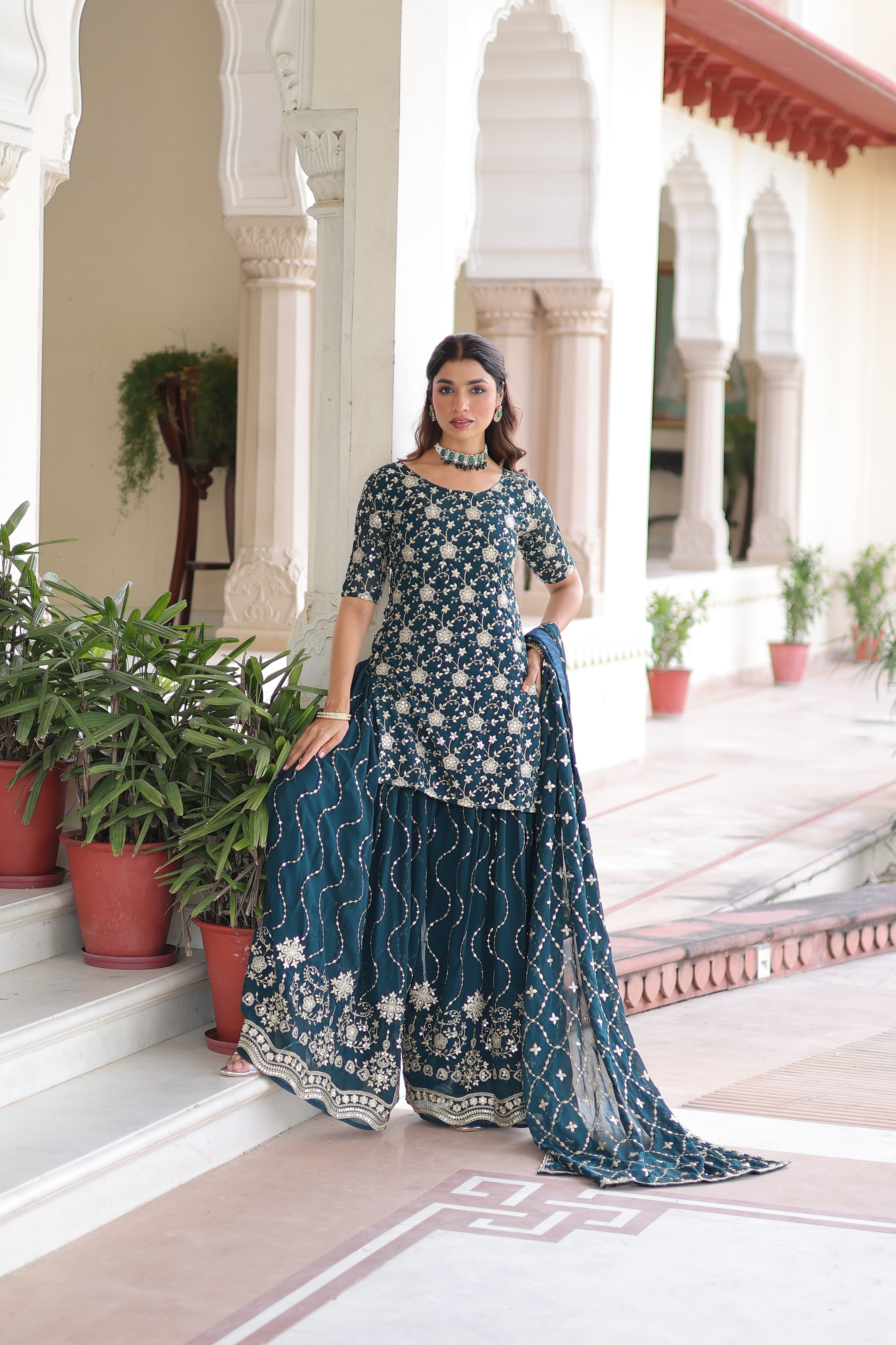 Premium Designer Ready-made Top, Sharara & Dupatta Collection.