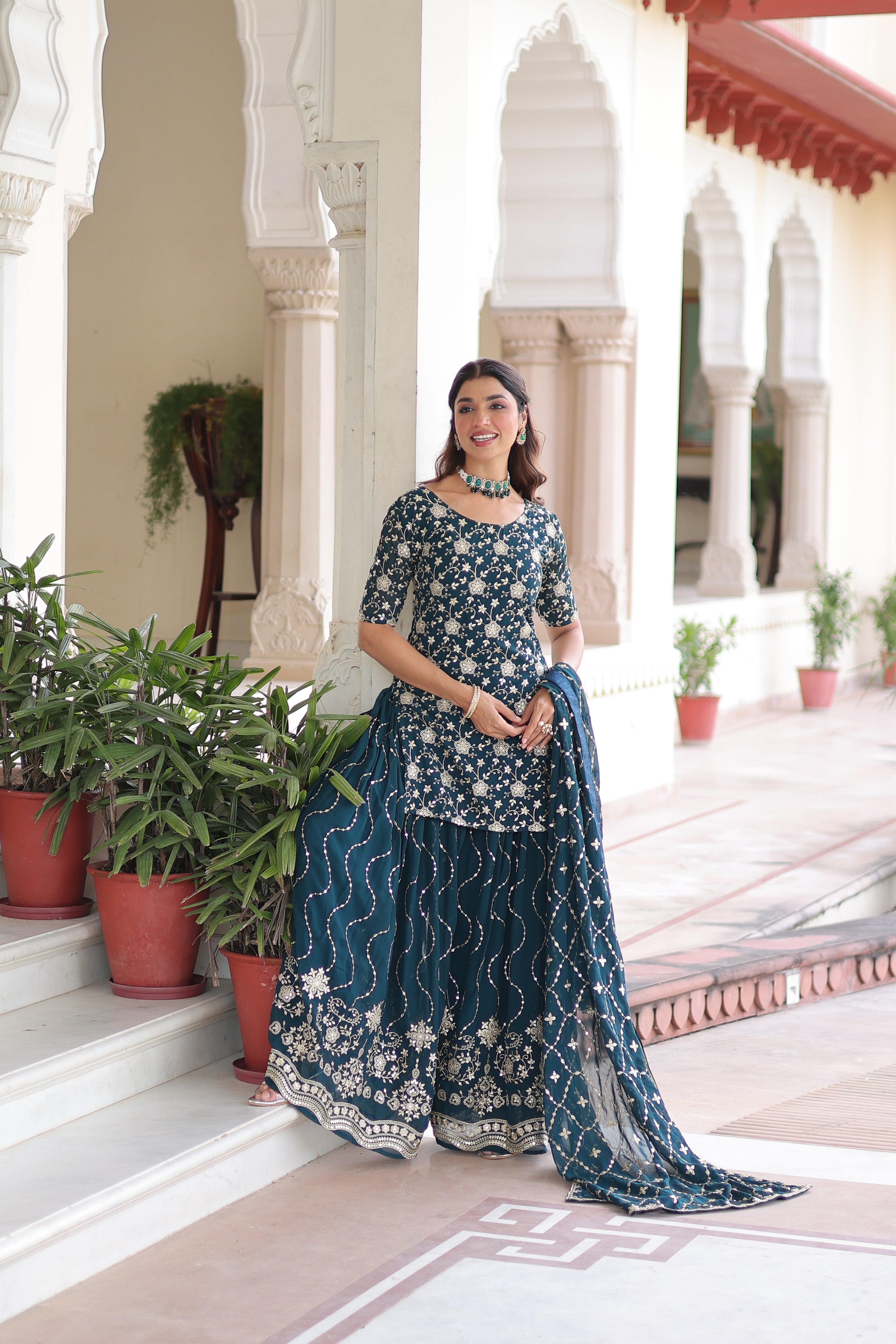 Premium Designer Ready-made Top, Sharara & Dupatta Collection.