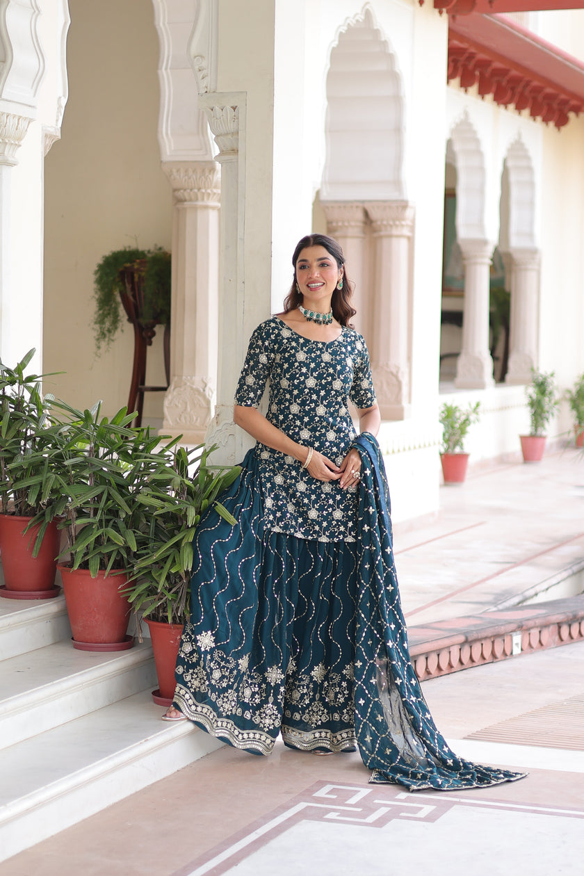 Premium Designer Ready-made Top, Sharara & Dupatta Collection.