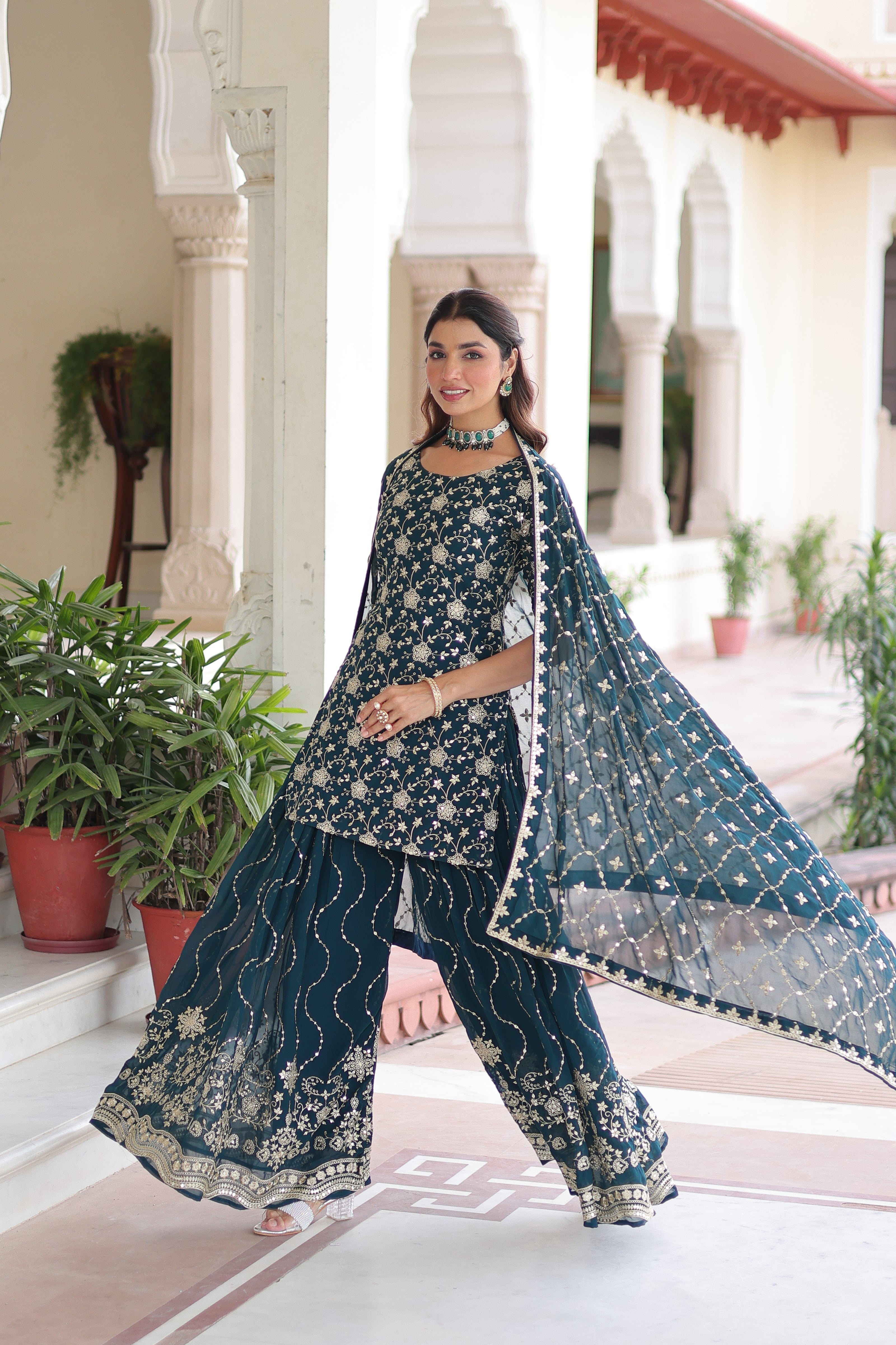 Premium Designer Ready-made Top, Sharara & Dupatta Collection.