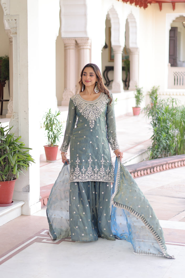 Premium Designer Ready-made Top, Sharara & Dupatta Collection.