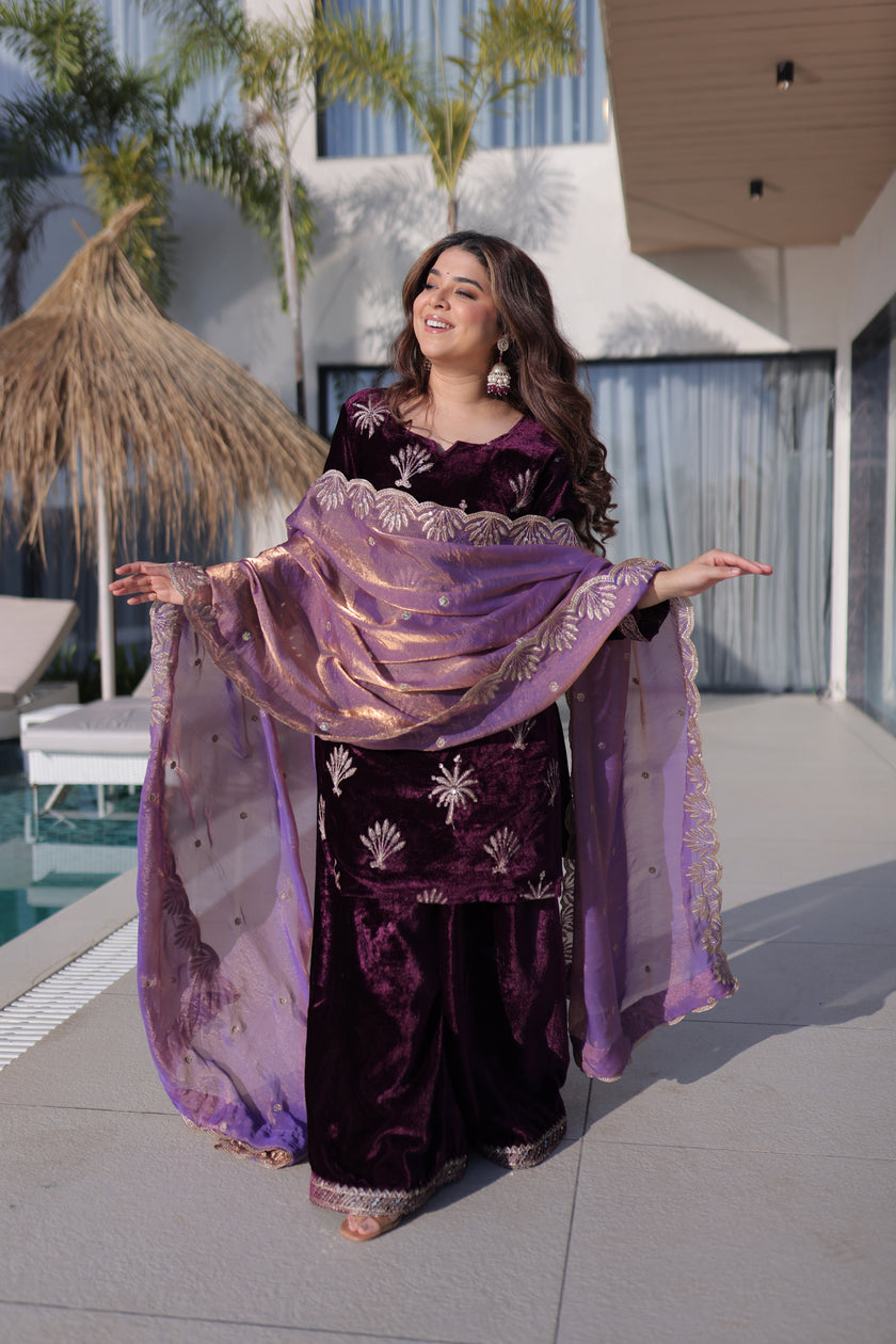 Premium Festive Wear Embroidered Kurta Sharara Suit Set.