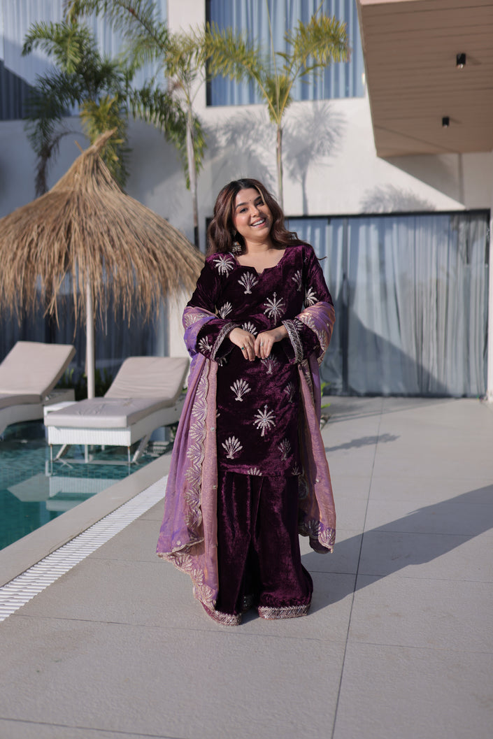 Premium Festive Wear Embroidered Kurta Sharara Suit Set.