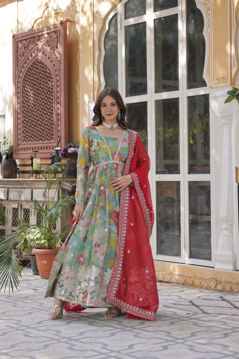 Premium Ready-made Alia Cut Gown with Dupatta Set.