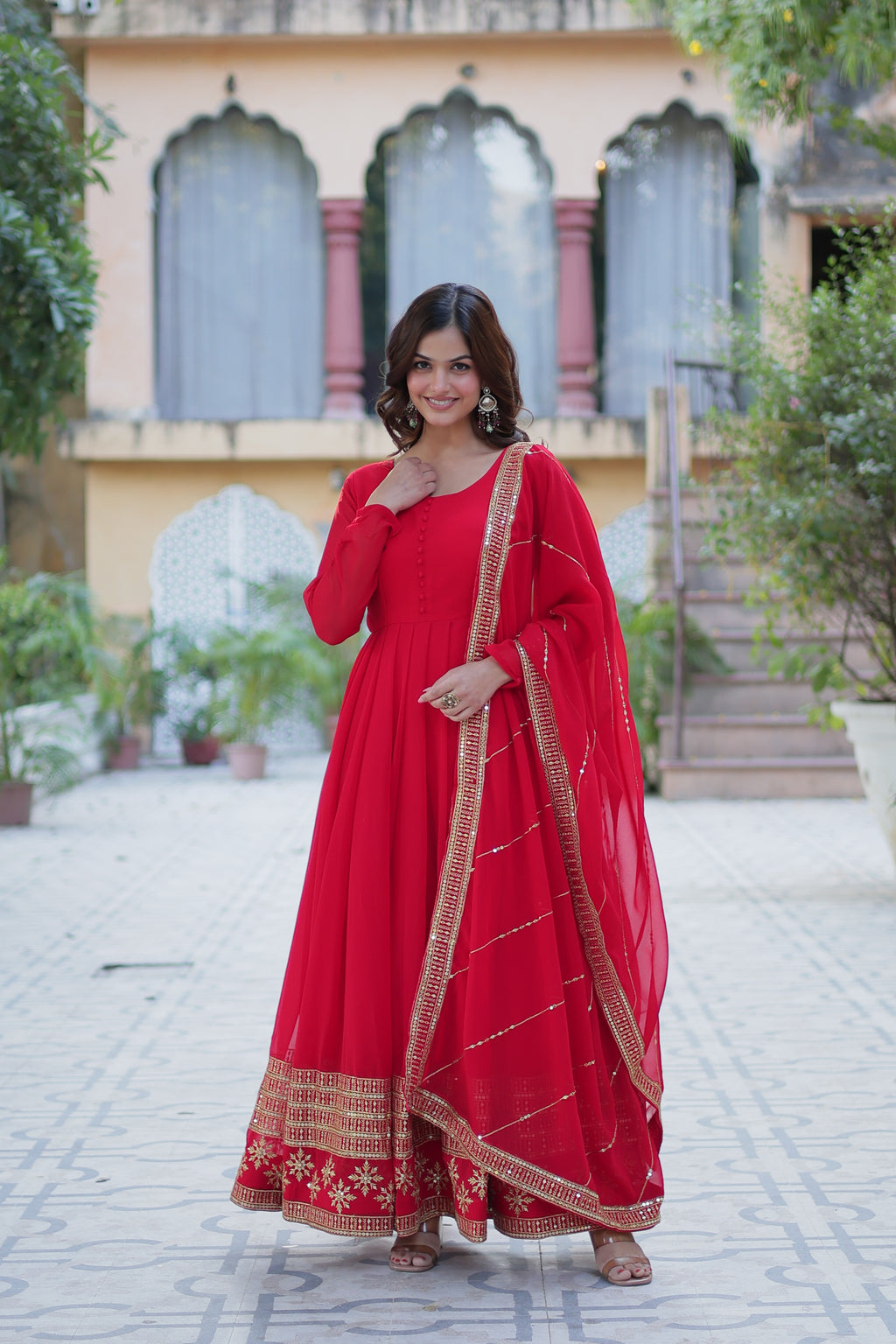 Festive Wear Red Anarkali Gown Set for Women with Dupatta.