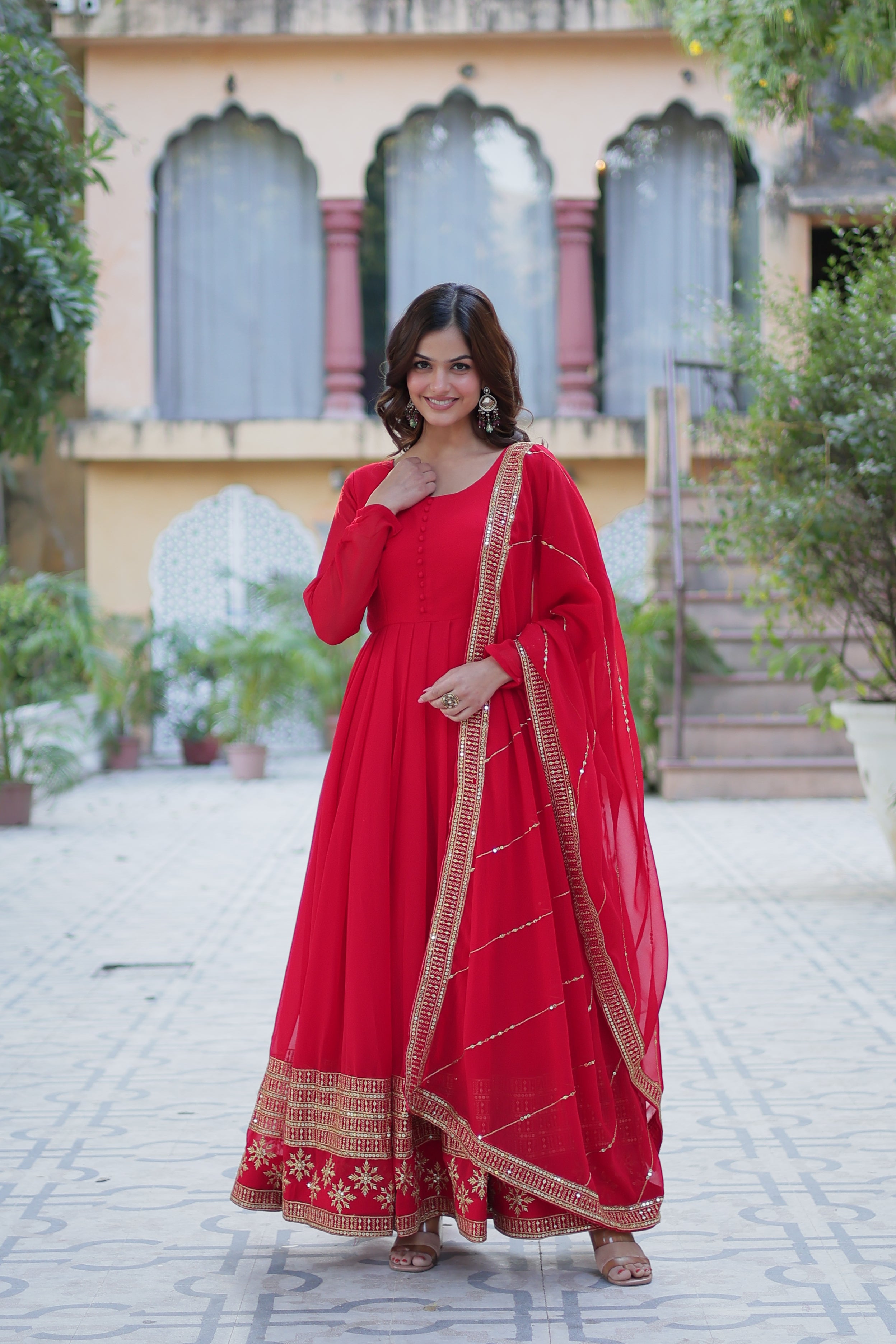 Festive Wear Red Anarkali Gown Set for Women with Dupatta.