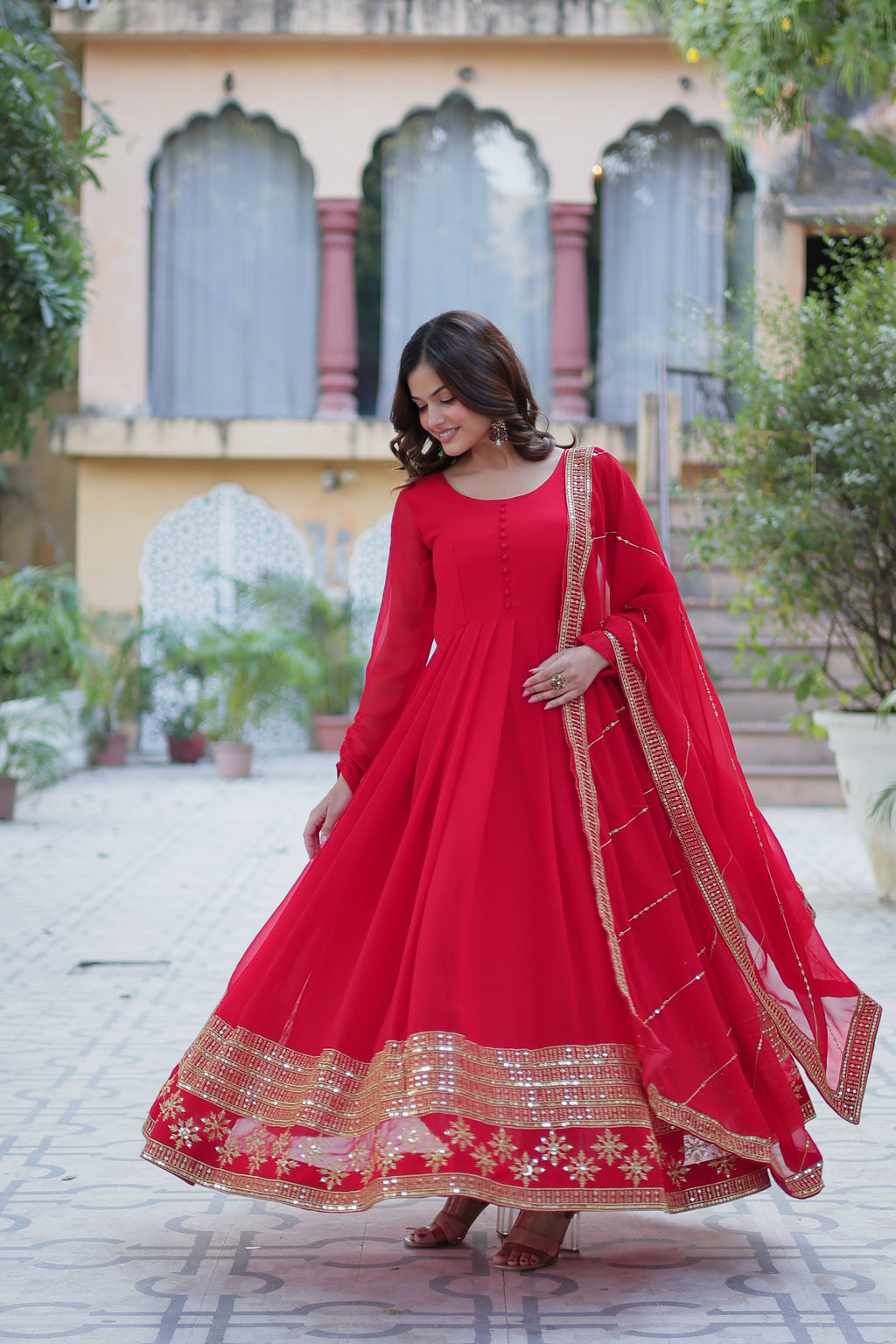 Festive Wear Red Anarkali Gown Set for Women with Dupatta.