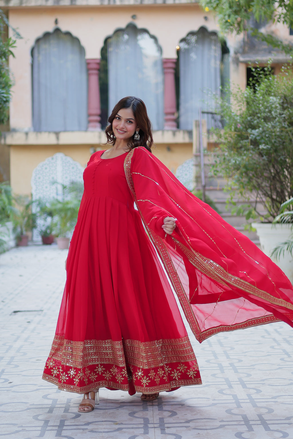 Festive Wear Red Anarkali Gown Set for Women with Dupatta.