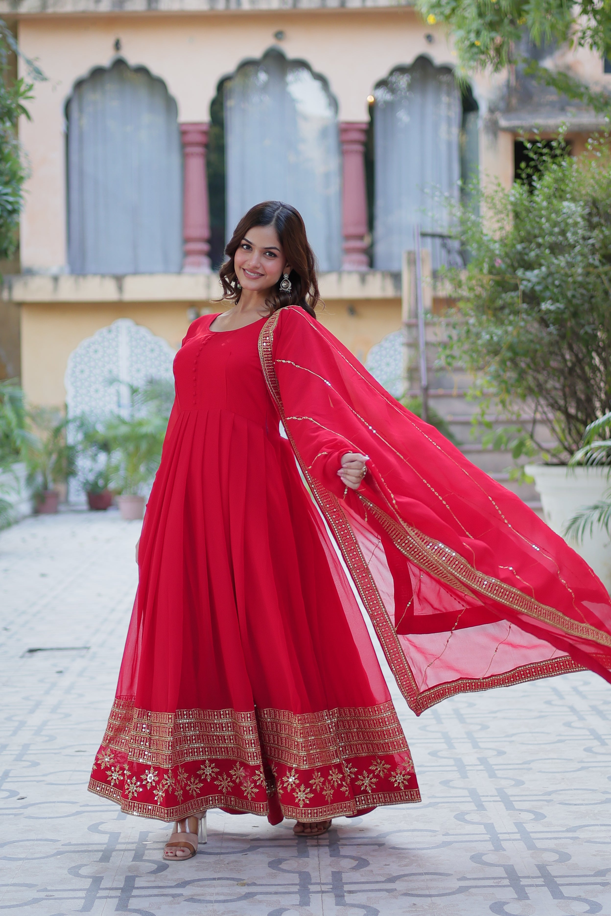 Festive Wear Red Anarkali Gown Set for Women with Dupatta.