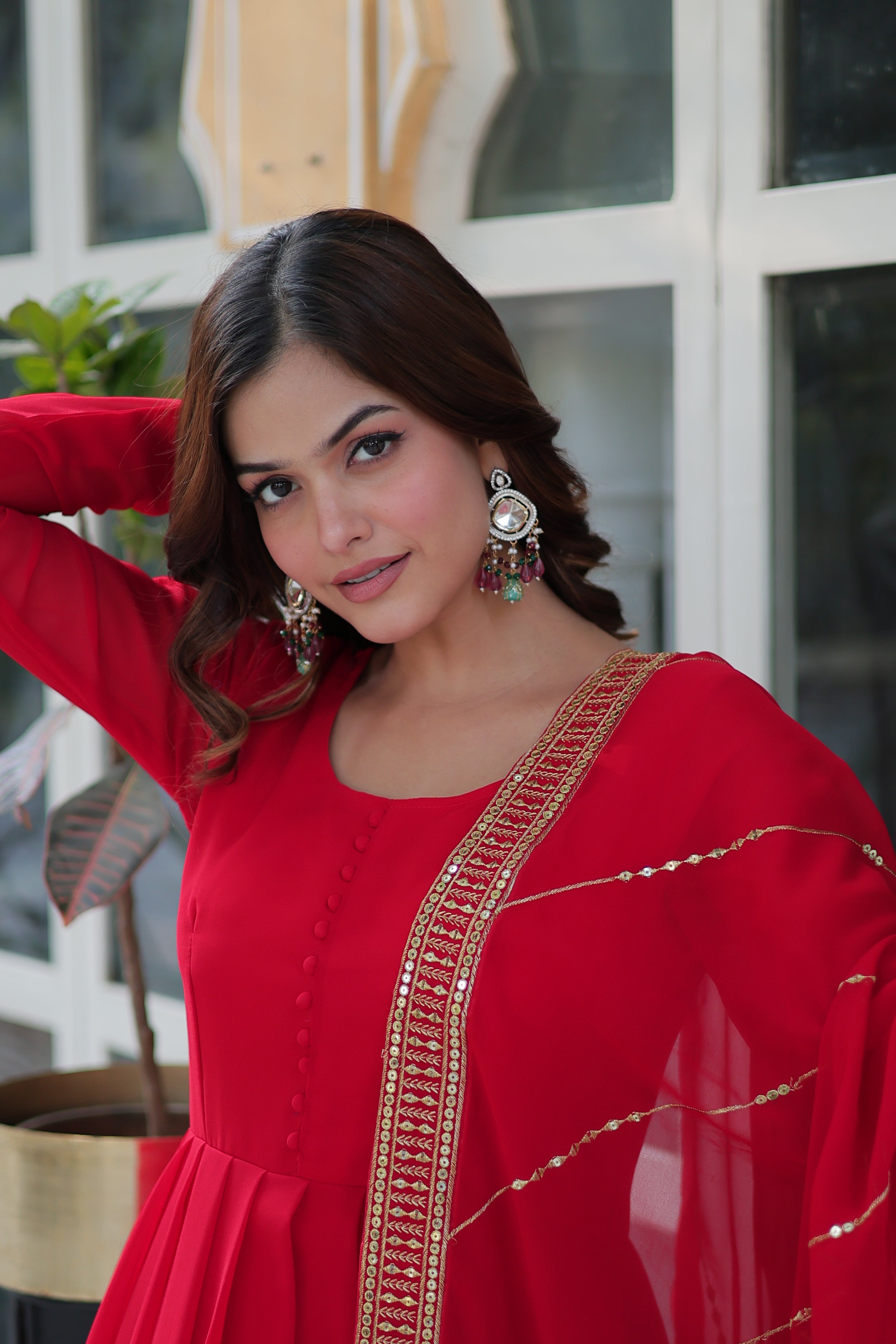Festive Wear Red Anarkali Gown Set for Women with Dupatta.