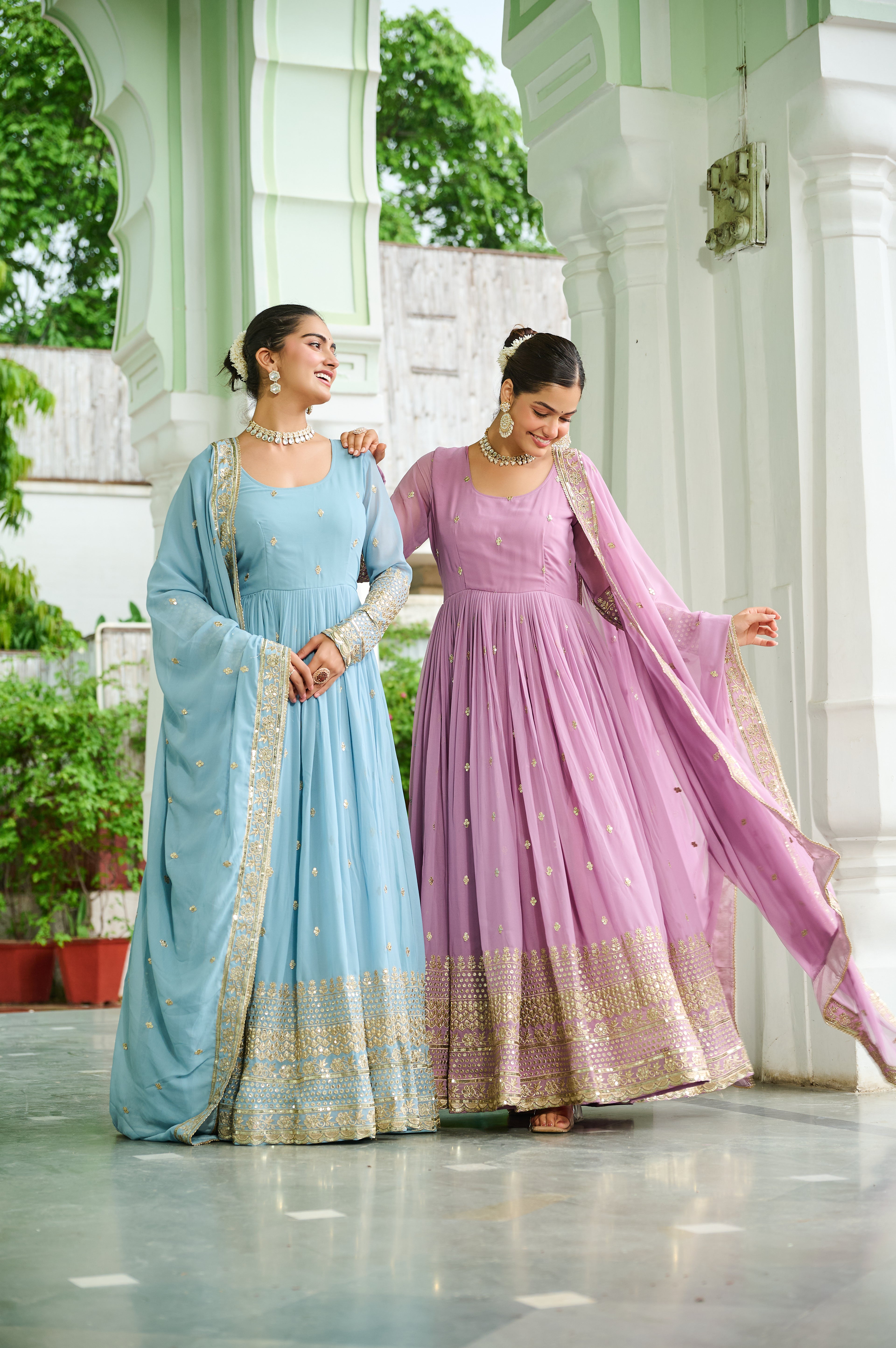 Elegant Embroidered Anarkali Suit Set with Dupatta – Sky Blue & Levender.