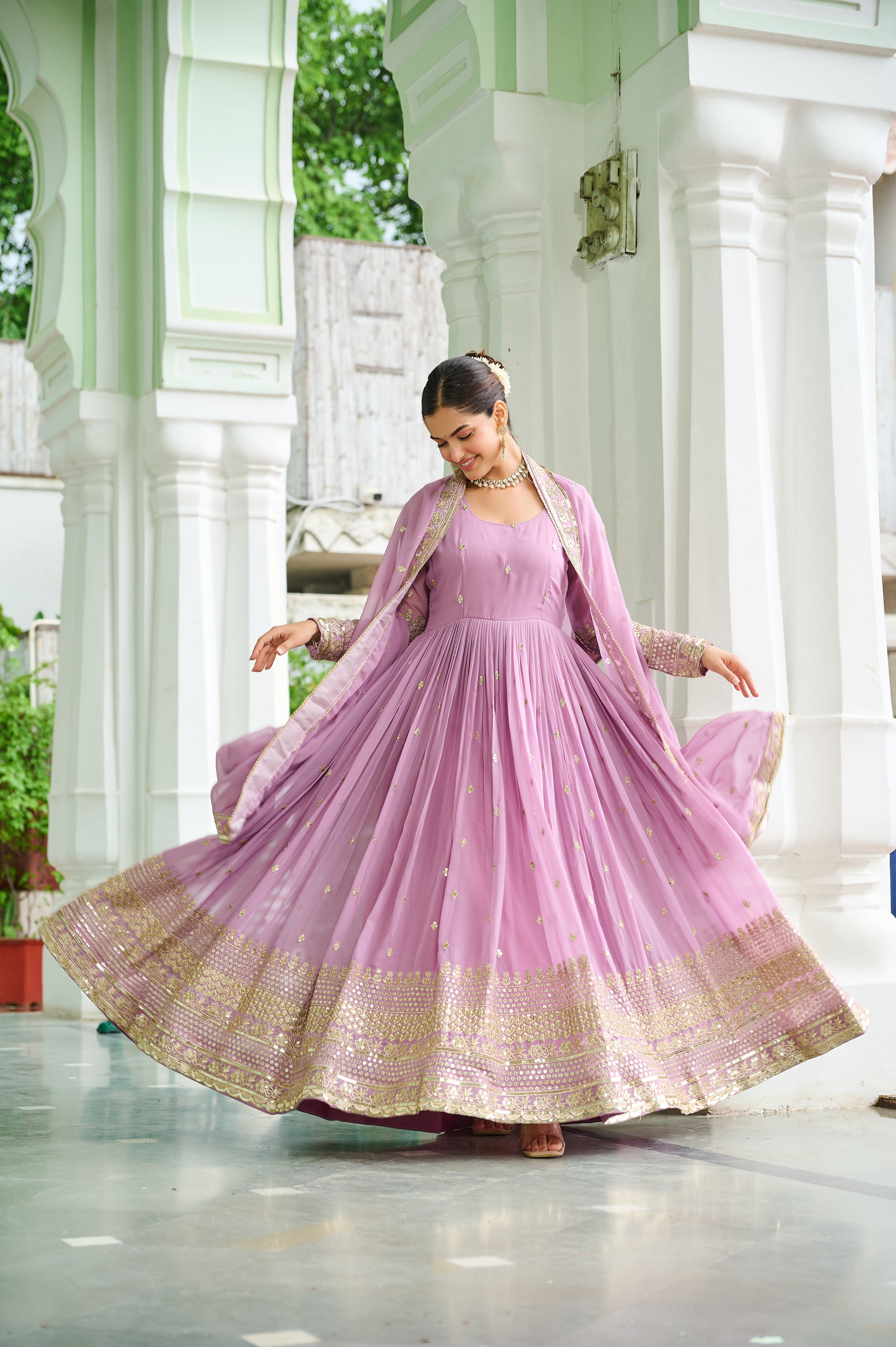 Elegant Embroidered Anarkali Suit Set with Dupatta – Sky Blue & Levender.