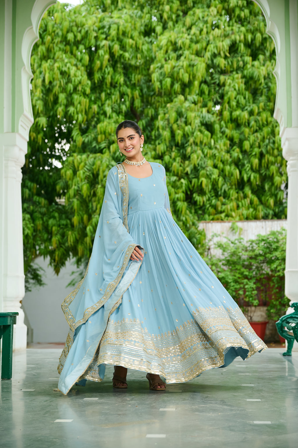 Elegant Embroidered Anarkali Suit Set with Dupatta – Sky Blue & Levender.