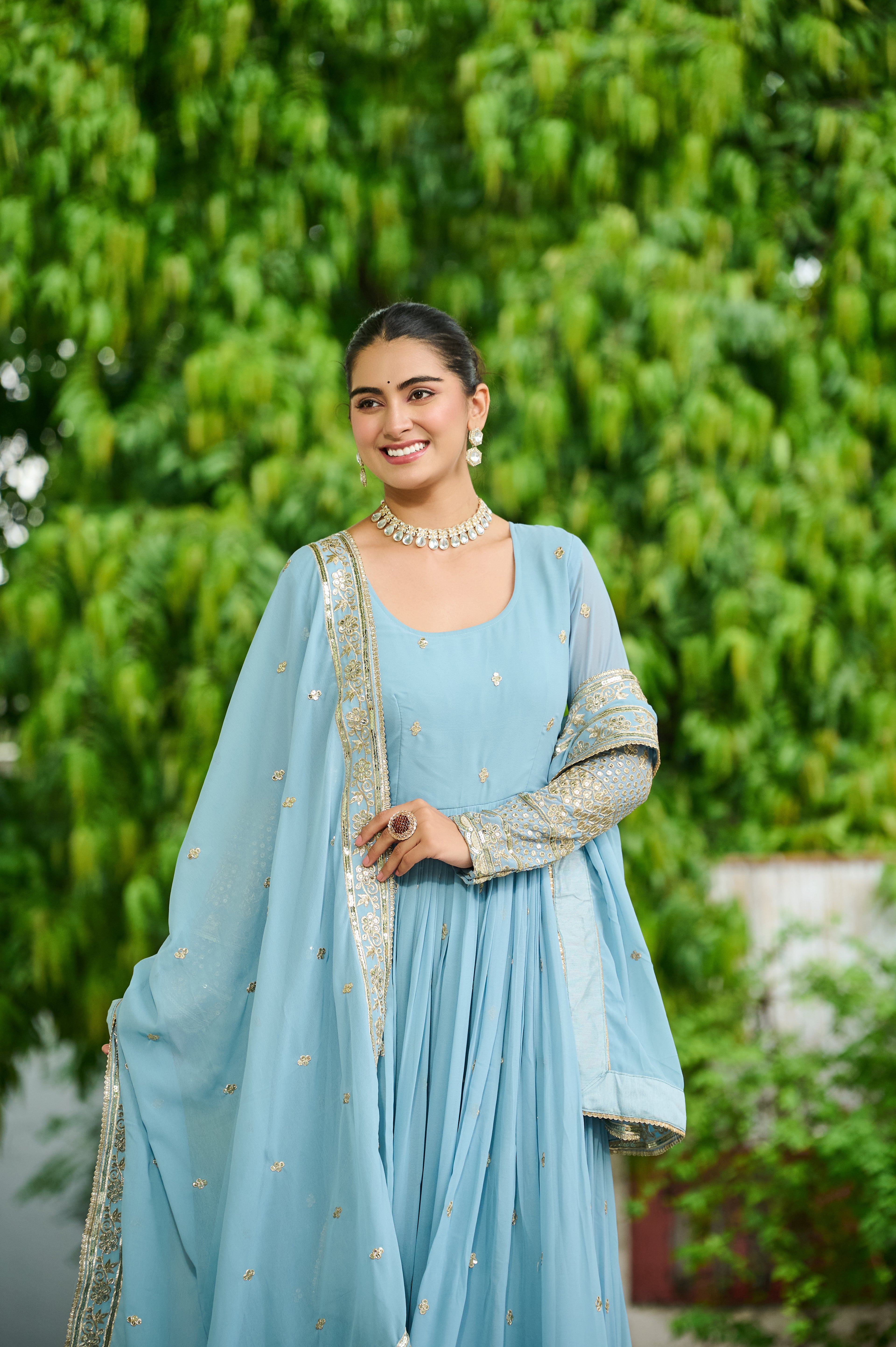 Elegant Embroidered Anarkali Suit Set with Dupatta – Sky Blue & Levender.
