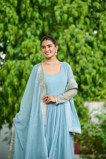 Elegant Embroidered Anarkali Suit Set with Dupatta – Sky Blue & Levender.