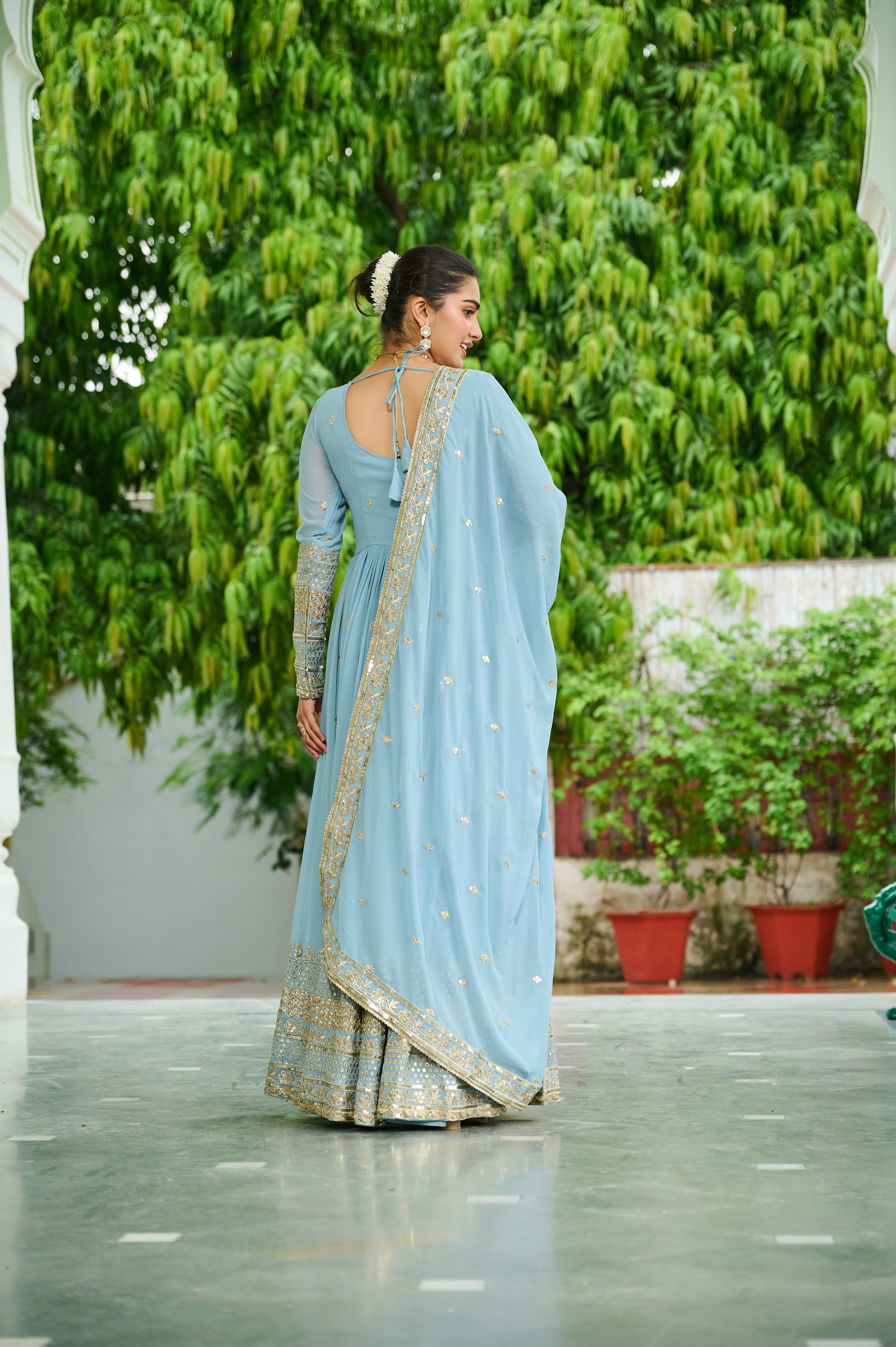 Elegant Embroidered Anarkali Suit Set with Dupatta – Sky Blue & Levender.