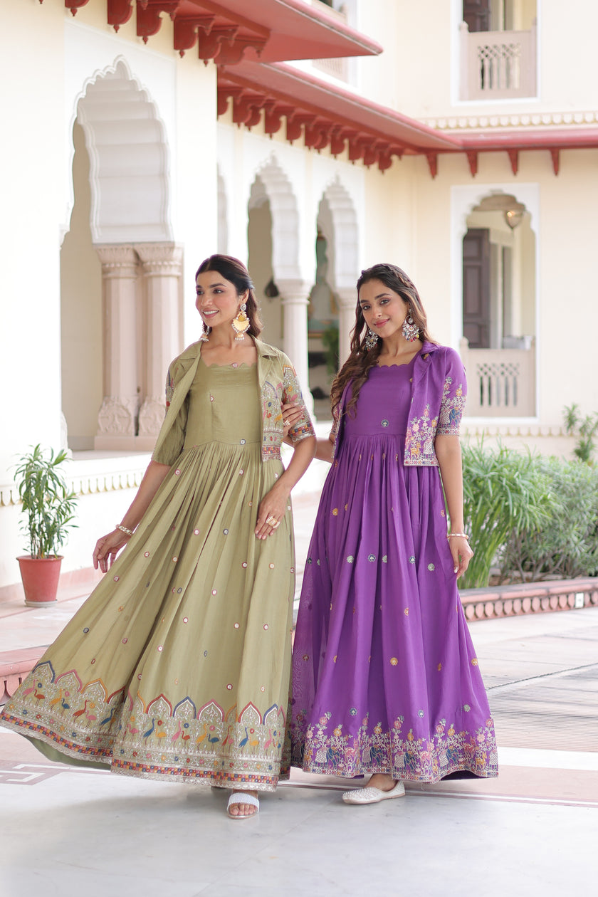 Elegant Festive Wear Embroidered Gown with Short Jacket.