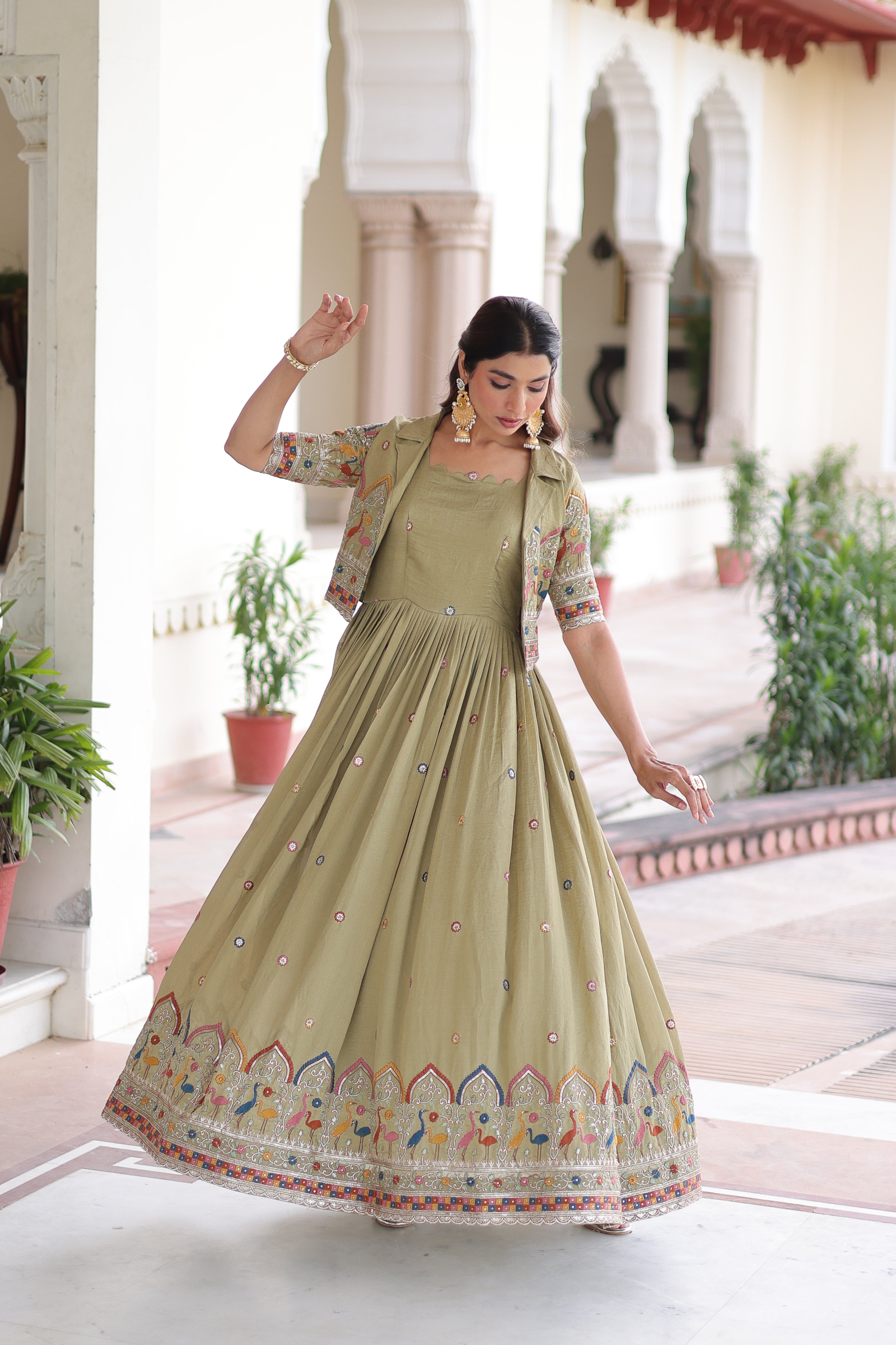 Elegant Festive Wear Embroidered Gown with Short Jacket.