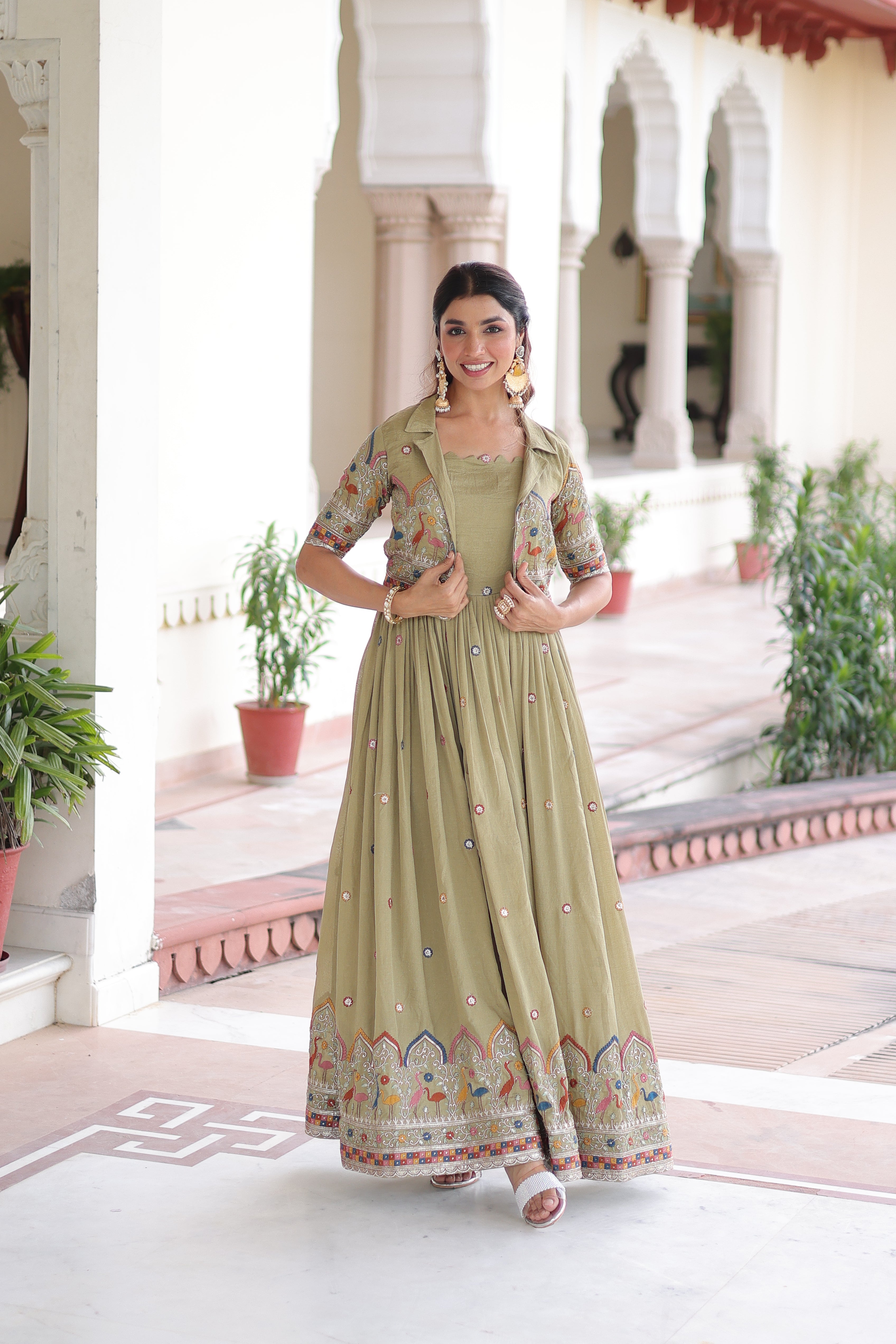 Elegant Festive Wear Embroidered Gown with Short Jacket.