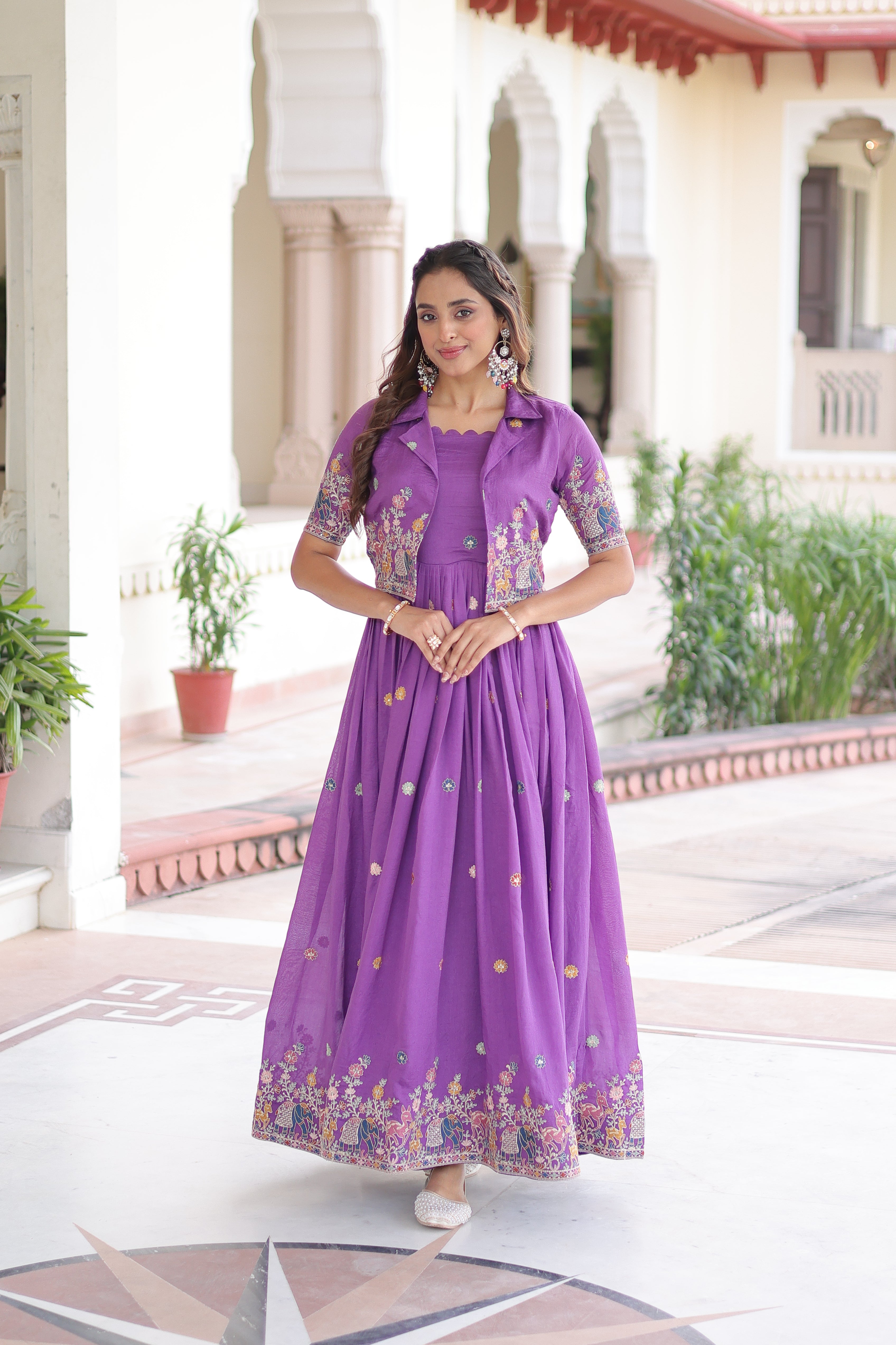 Elegant Festive Wear Embroidered Gown with Short Jacket.