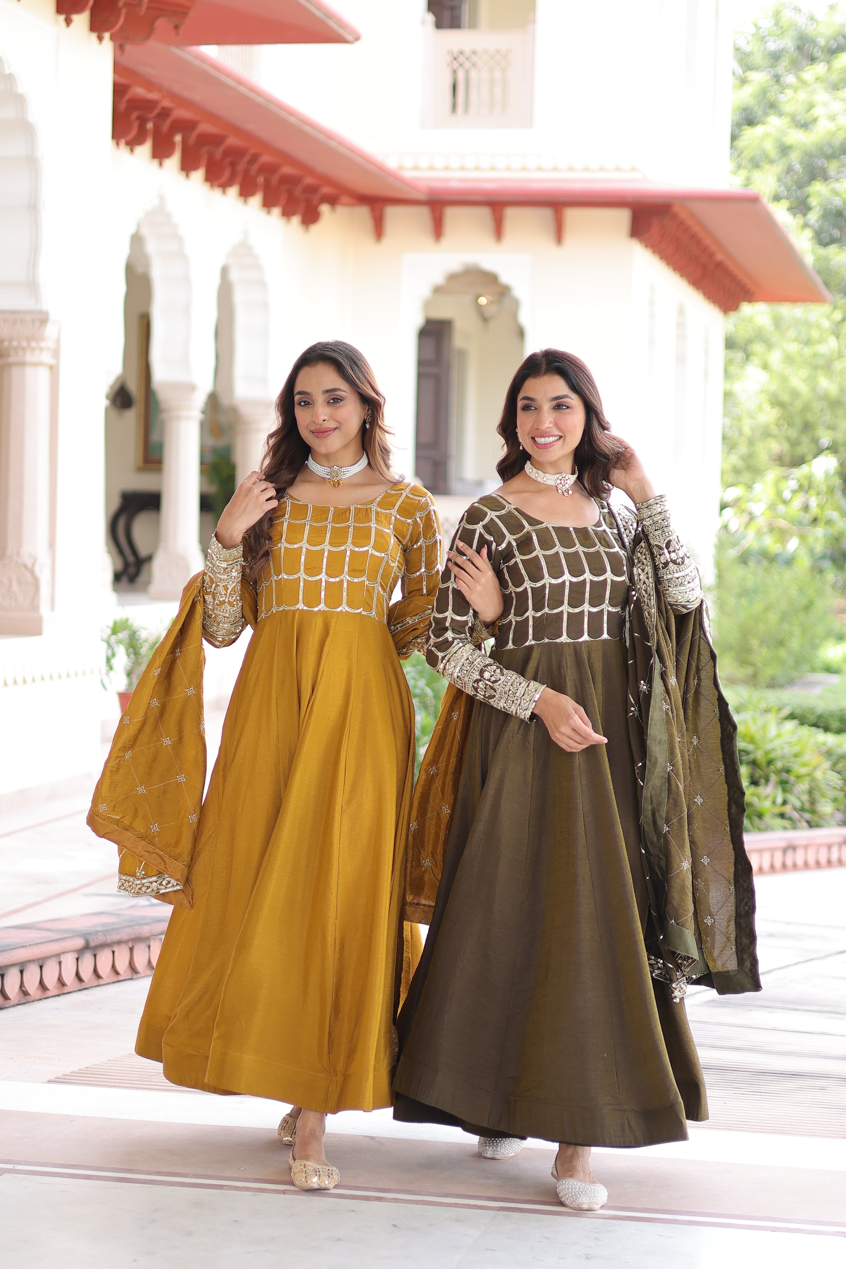 Elegant Embroidered Anarkali Suit Set with Dupatta – Mustard & Olive Combo.