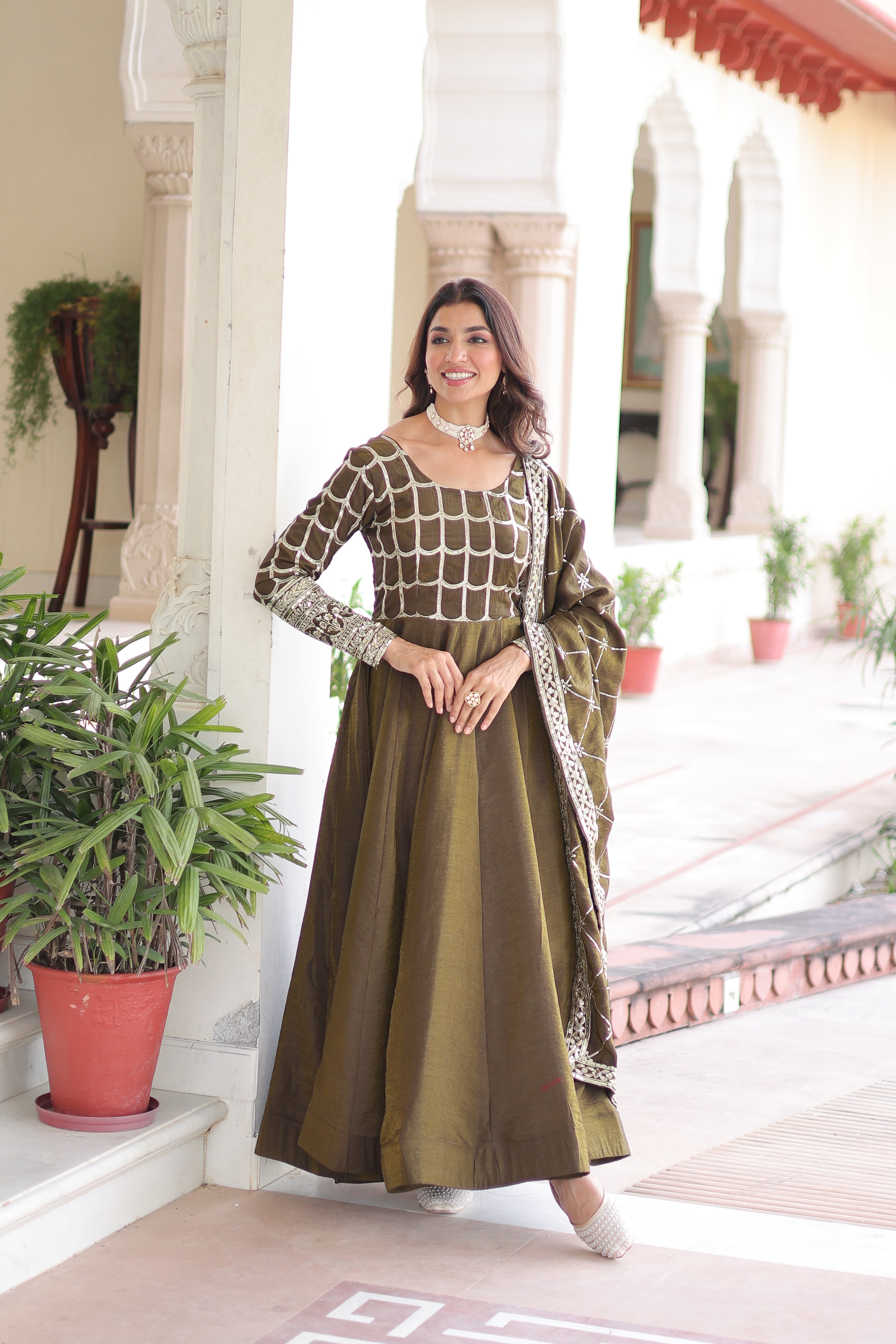 Elegant Embroidered Anarkali Suit Set with Dupatta – Mustard & Olive Combo.