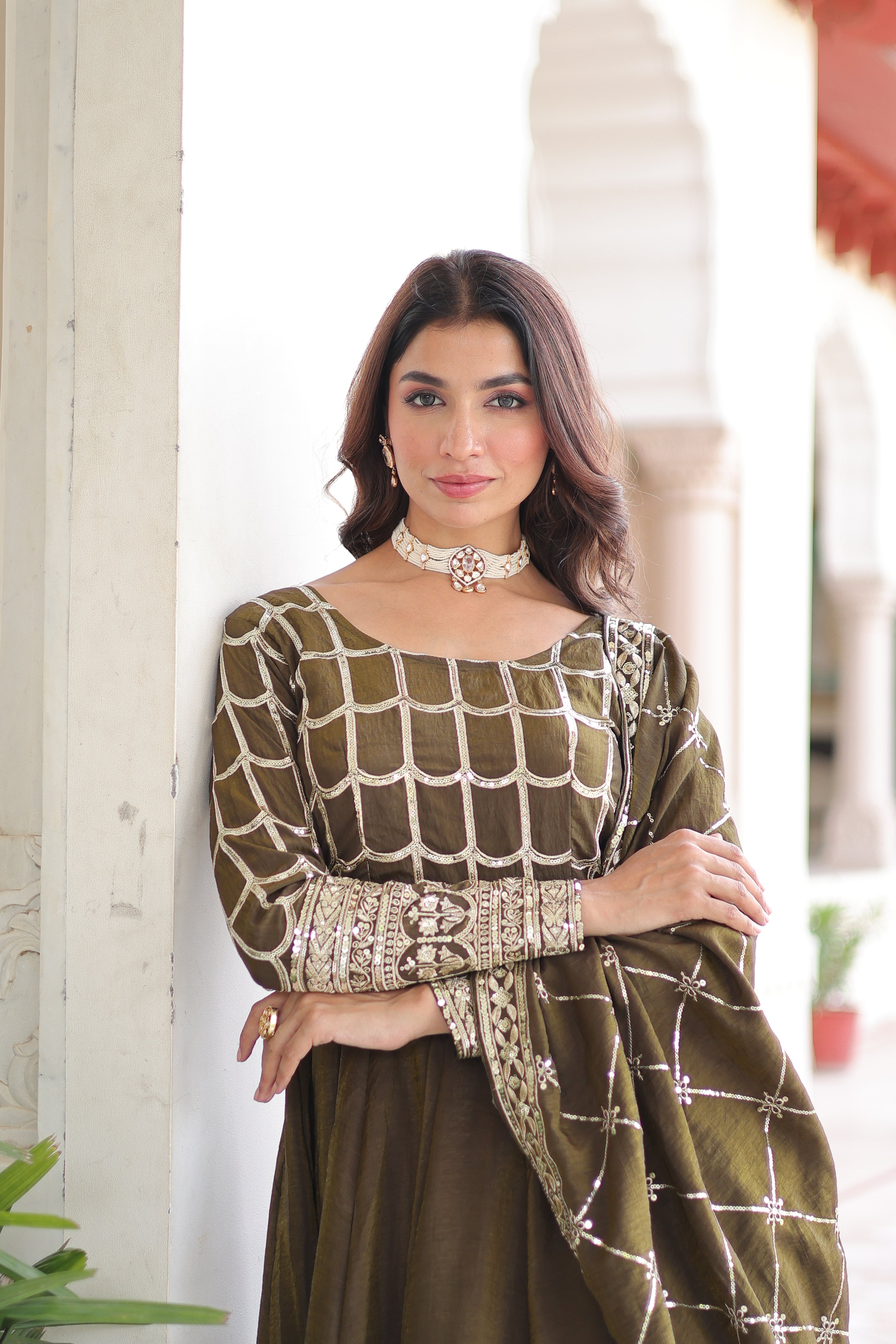 Elegant Embroidered Anarkali Suit Set with Dupatta – Mustard & Olive Combo.