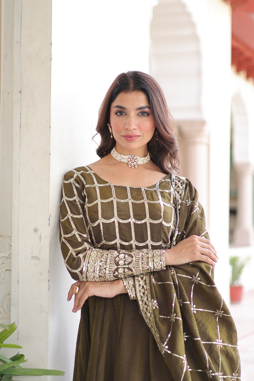 Elegant Embroidered Anarkali Suit Set with Dupatta – Mustard & Olive Combo.