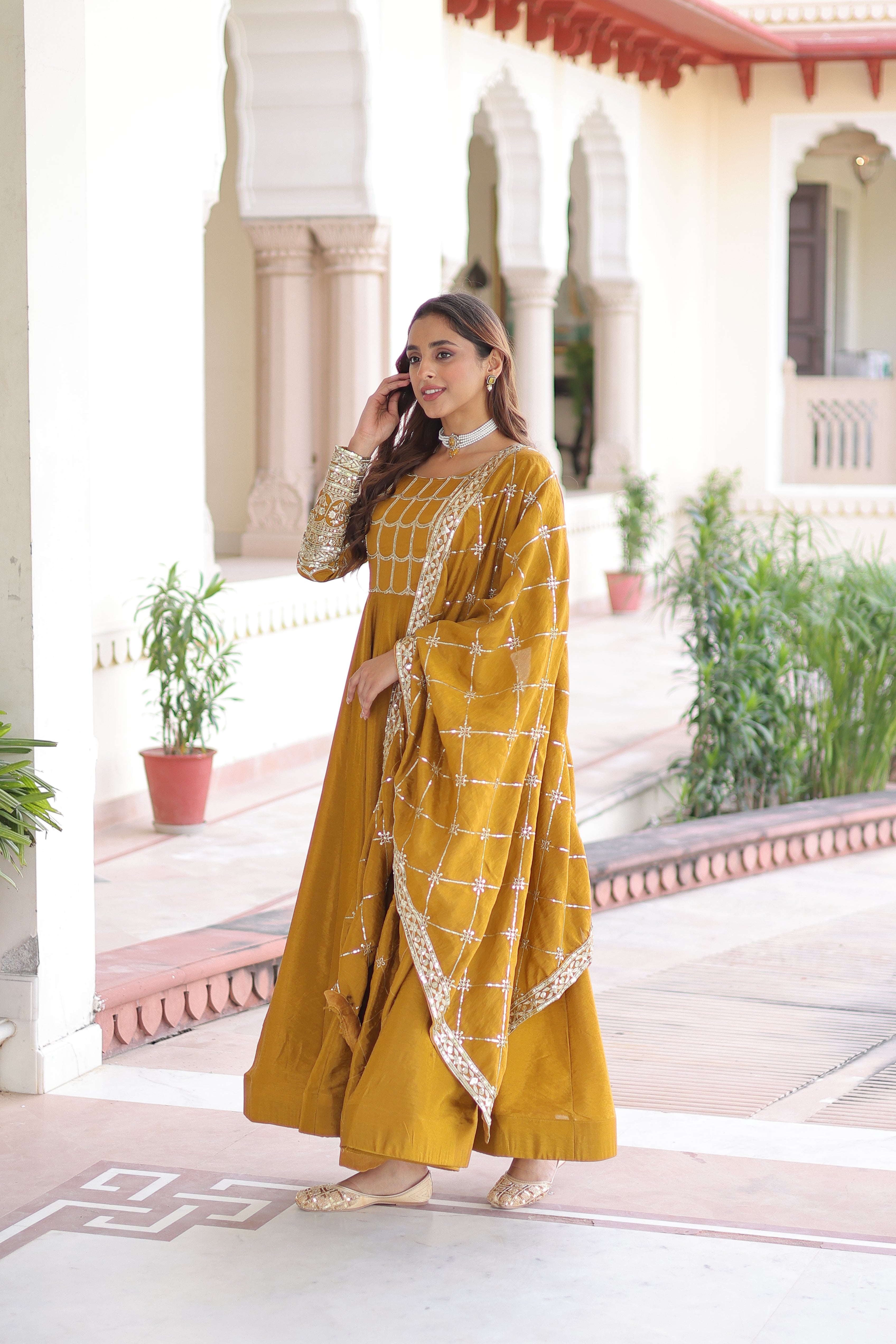 Elegant Embroidered Anarkali Suit Set with Dupatta – Mustard & Olive Combo.