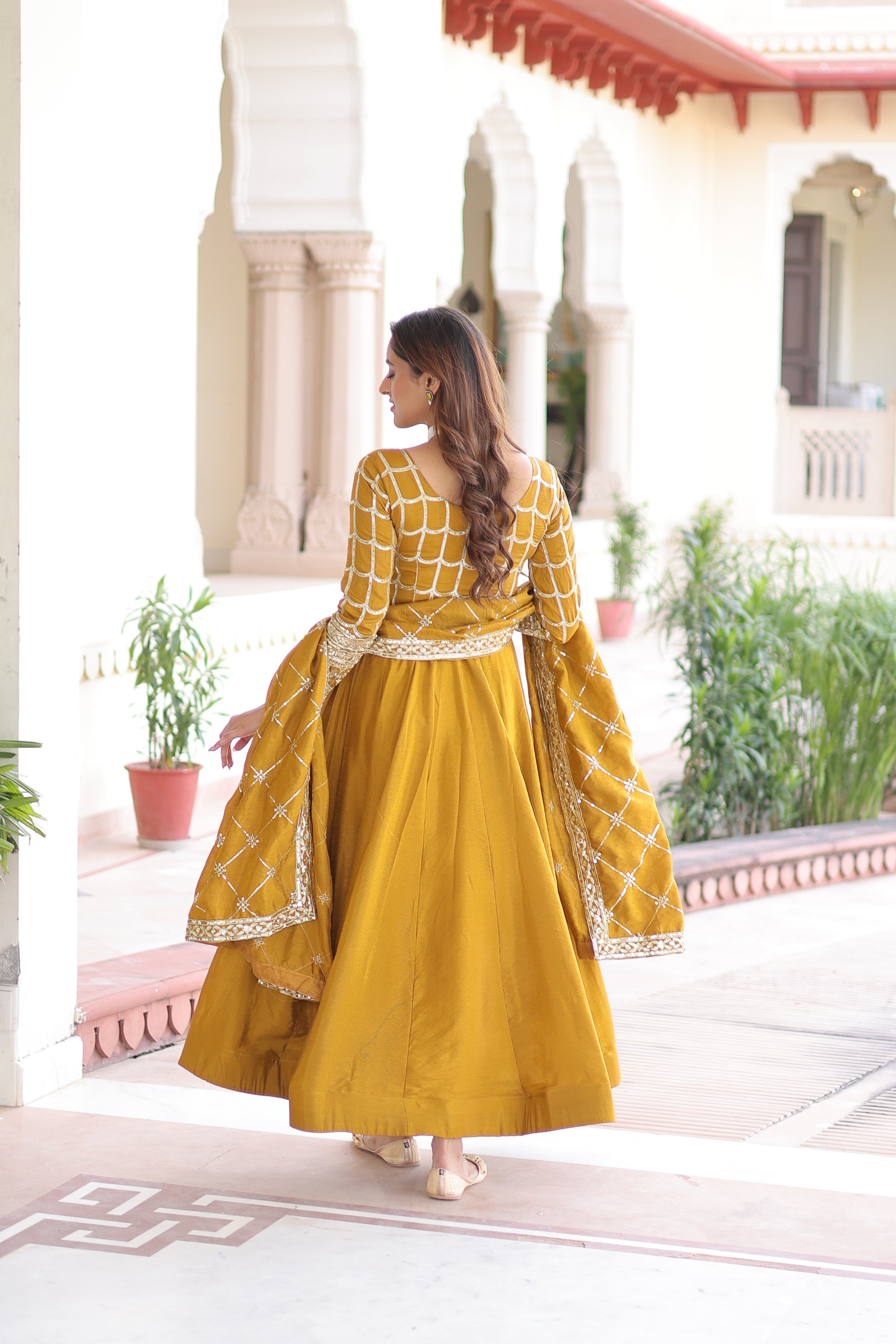 Elegant Embroidered Anarkali Suit Set with Dupatta – Mustard & Olive Combo.