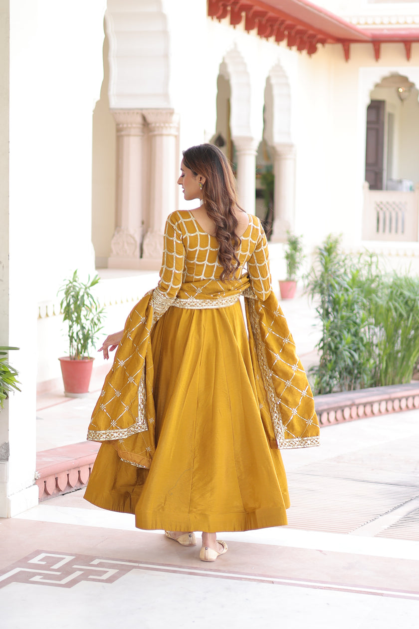 Elegant Embroidered Anarkali Suit Set with Dupatta – Mustard & Olive Combo.