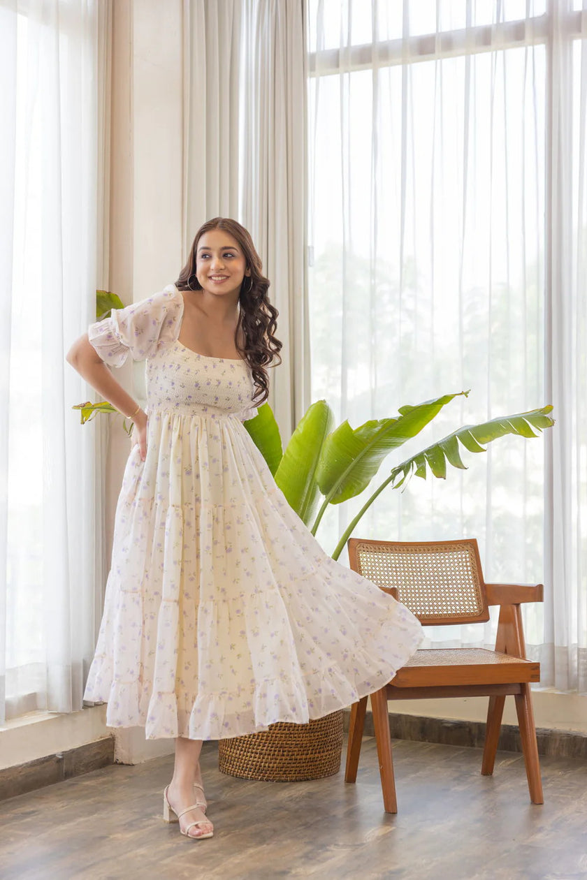 Women’s Puff Sleeve Smocked Midi Maxi Dress.