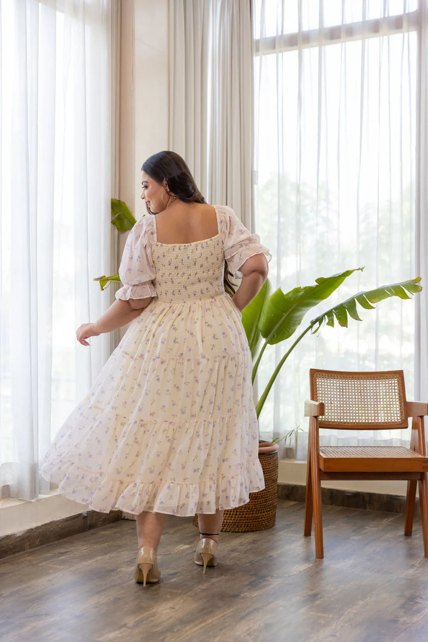 Women’s Puff Sleeve Smocked Midi Maxi Dress.