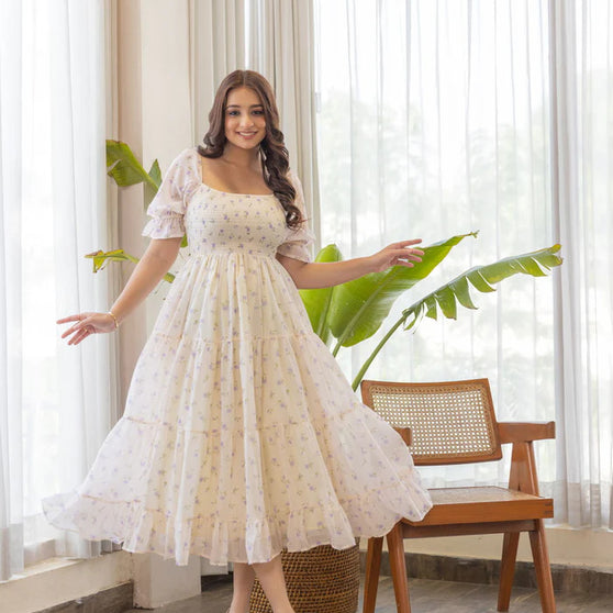 Women’s Puff Sleeve Smocked Midi Maxi Dress.