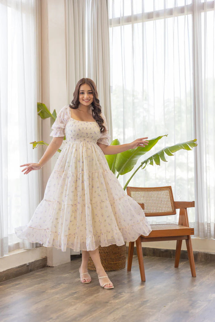 Women’s Puff Sleeve Smocked Midi Maxi Dress.