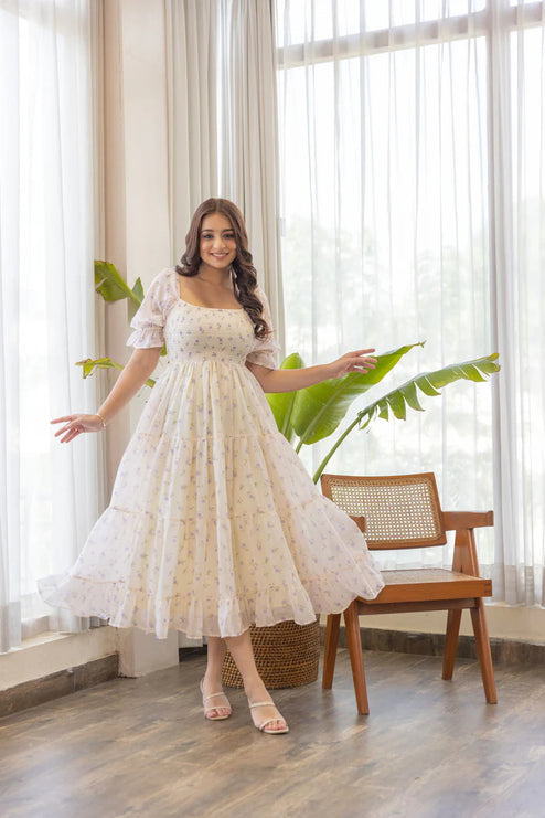 Women’s Puff Sleeve Smocked Midi Maxi Dress.