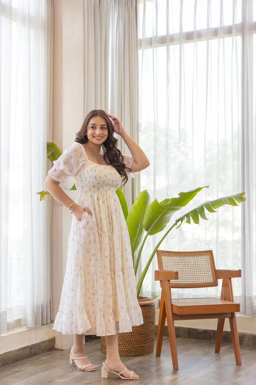 Women’s Puff Sleeve Smocked Midi Maxi Dress.