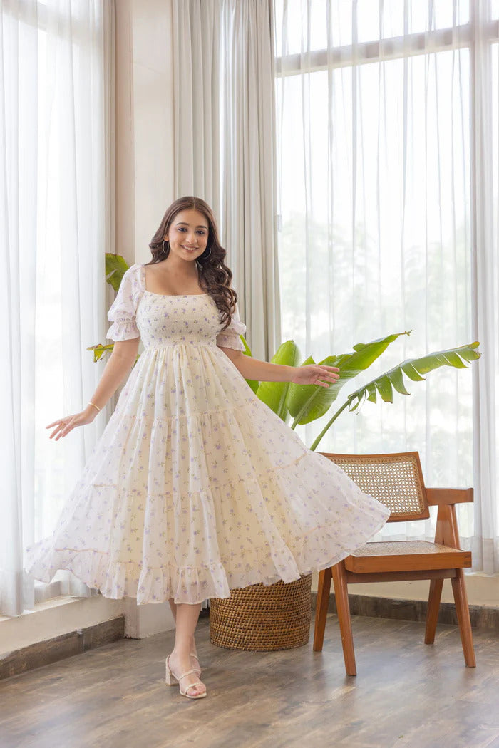 Women’s Puff Sleeve Smocked Midi Maxi Dress.