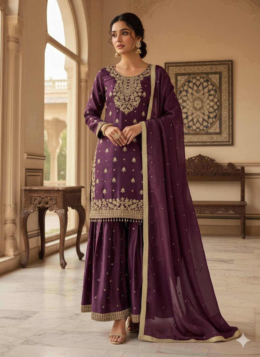 Elegant Wine Embroidered Kurta Sharara Set with Dupatta.