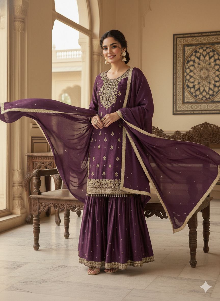 Elegant Wine Embroidered Kurta Sharara Set with Dupatta.