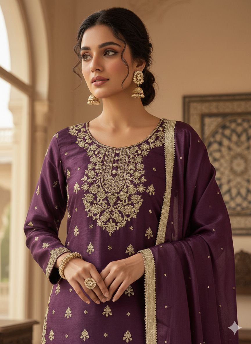 Elegant Wine Embroidered Kurta Sharara Set with Dupatta.