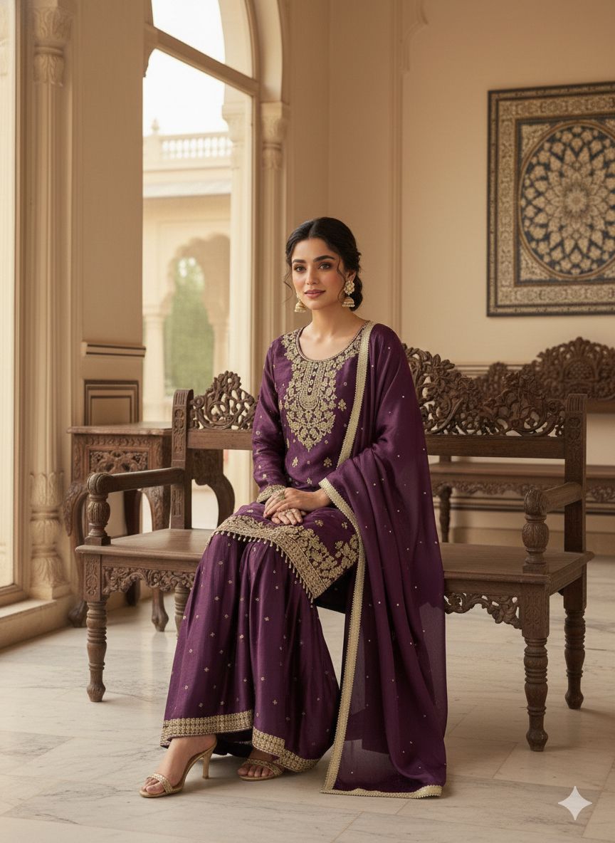 Elegant Wine Embroidered Kurta Sharara Set with Dupatta.