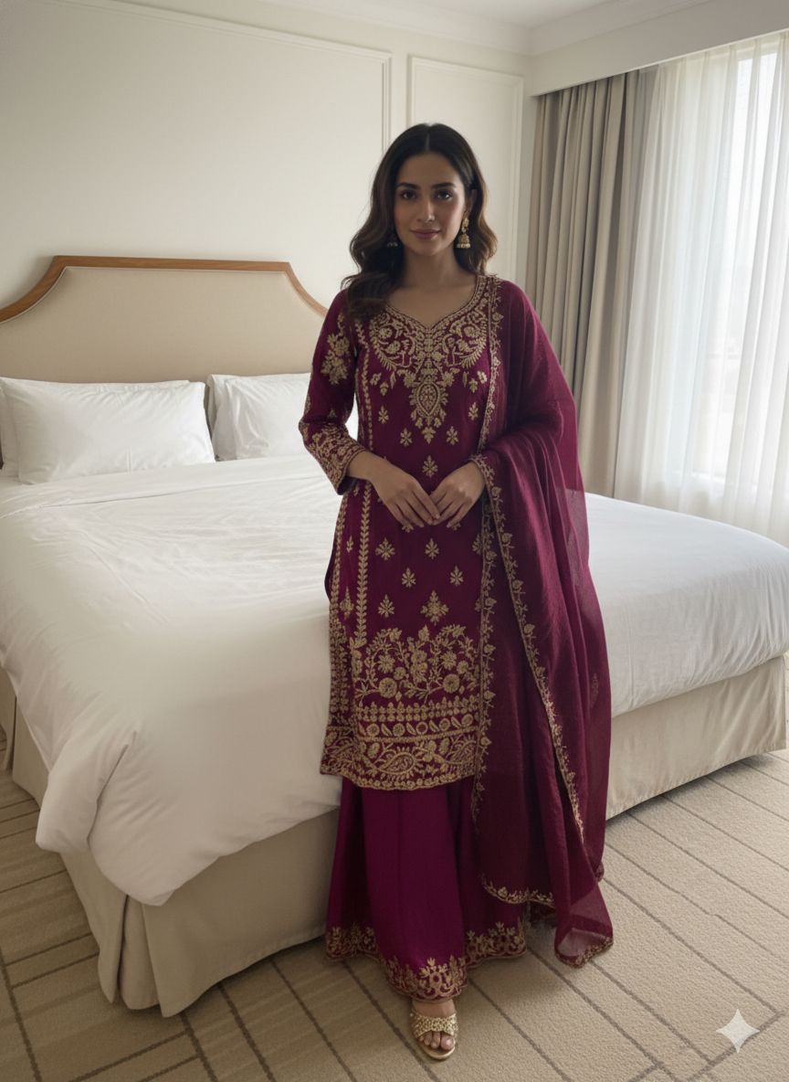 Elegant Maroon Embroidered Kurta Sharara Set with Dupatta