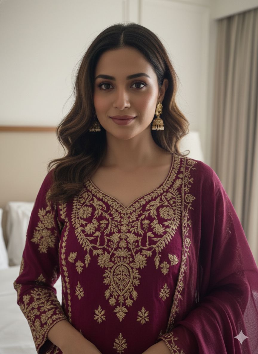 Elegant Maroon Embroidered Kurta Sharara Set with Dupatta