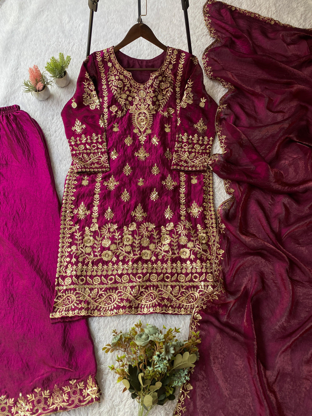 Elegant Maroon Embroidered Kurta Sharara Set with Dupatta