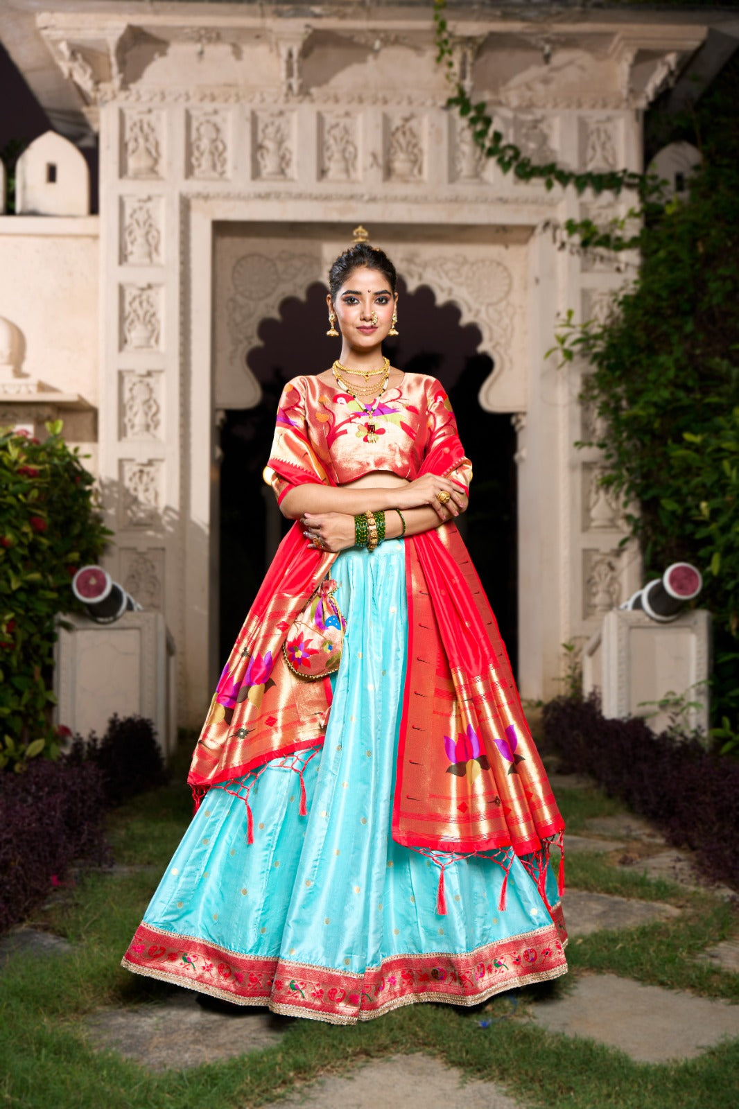 Traditional Silk Lehenga Choli Set with Woven Dupatta – Festive Wear