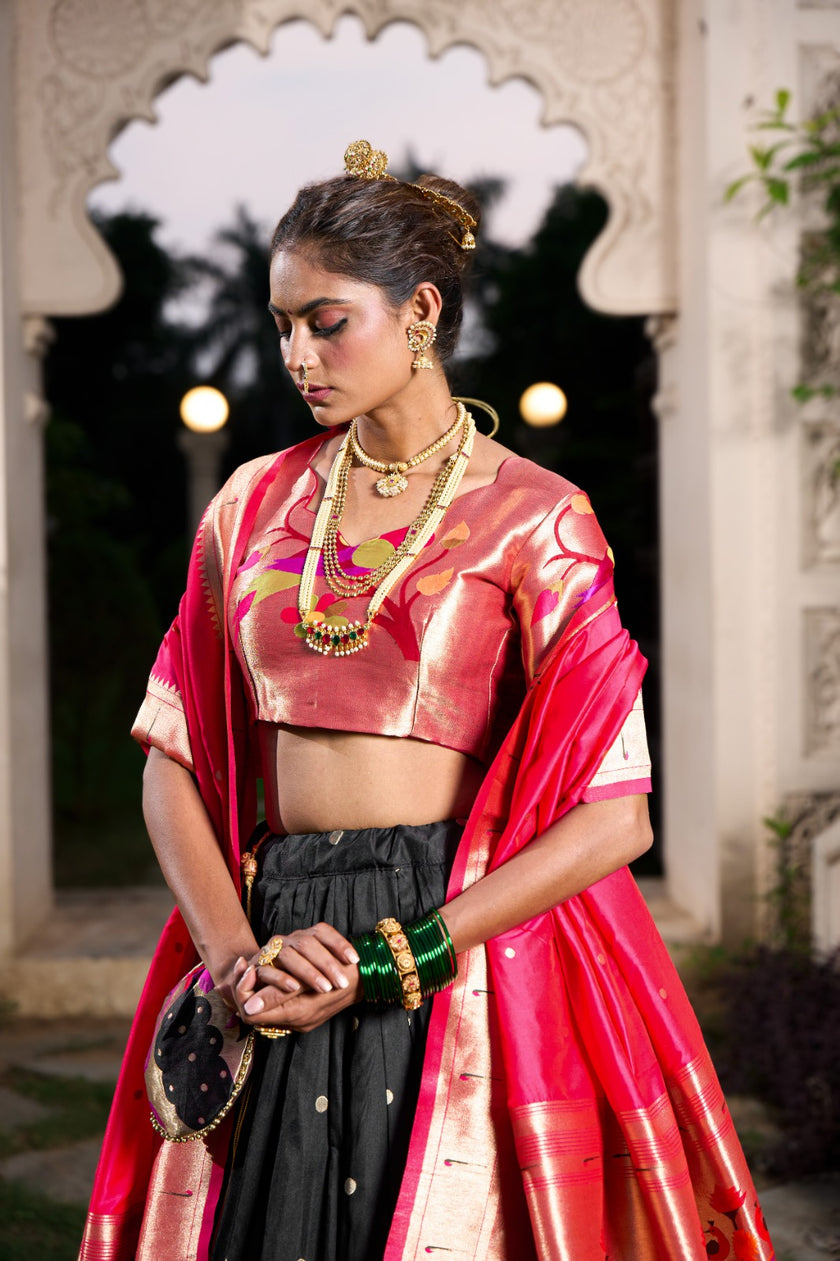Traditional Silk Lehenga Choli Set with Woven Dupatta – Festive Wear.