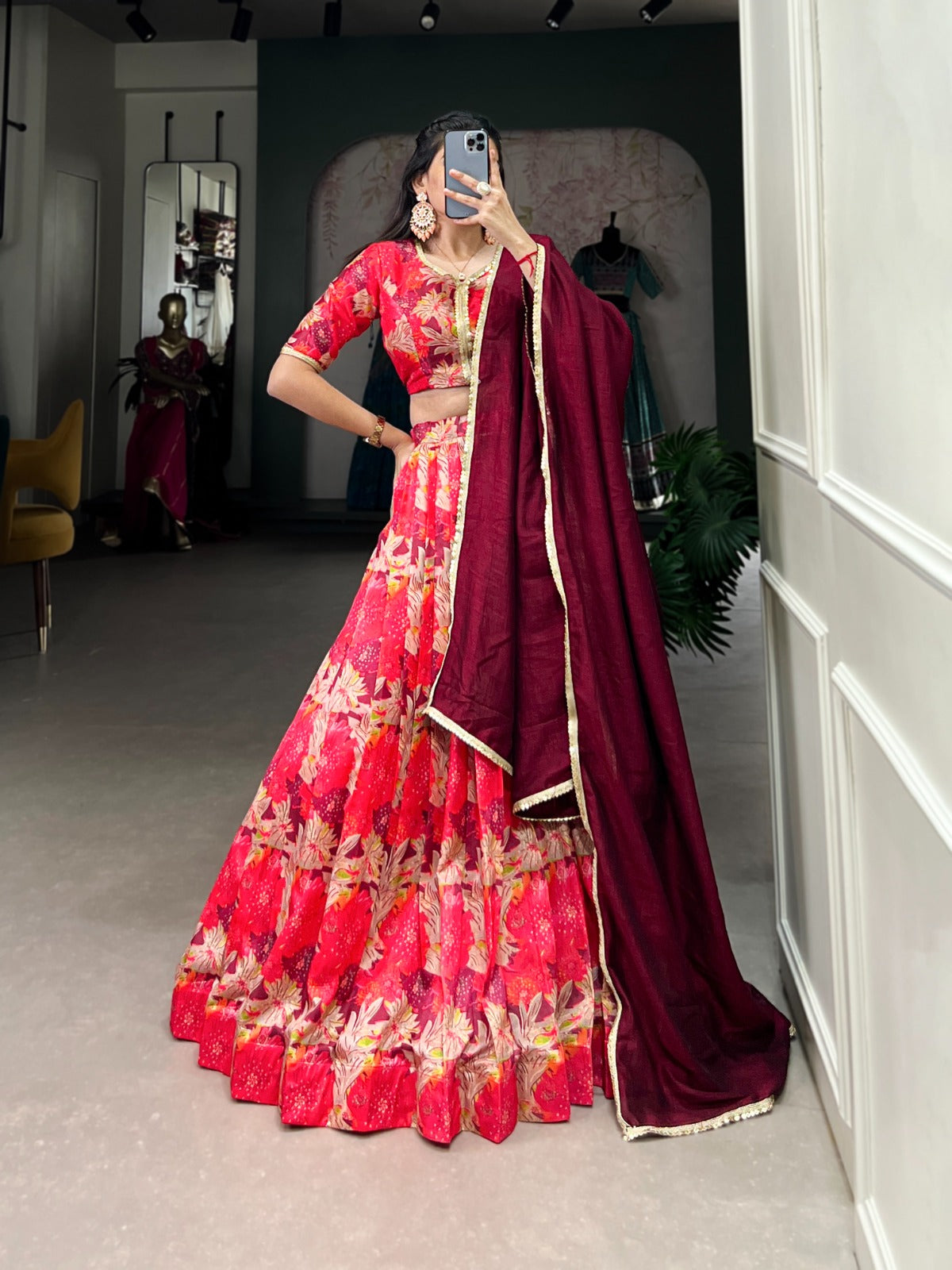 Elegant Floral Printed Lehenga Choli with Solid Dupatta